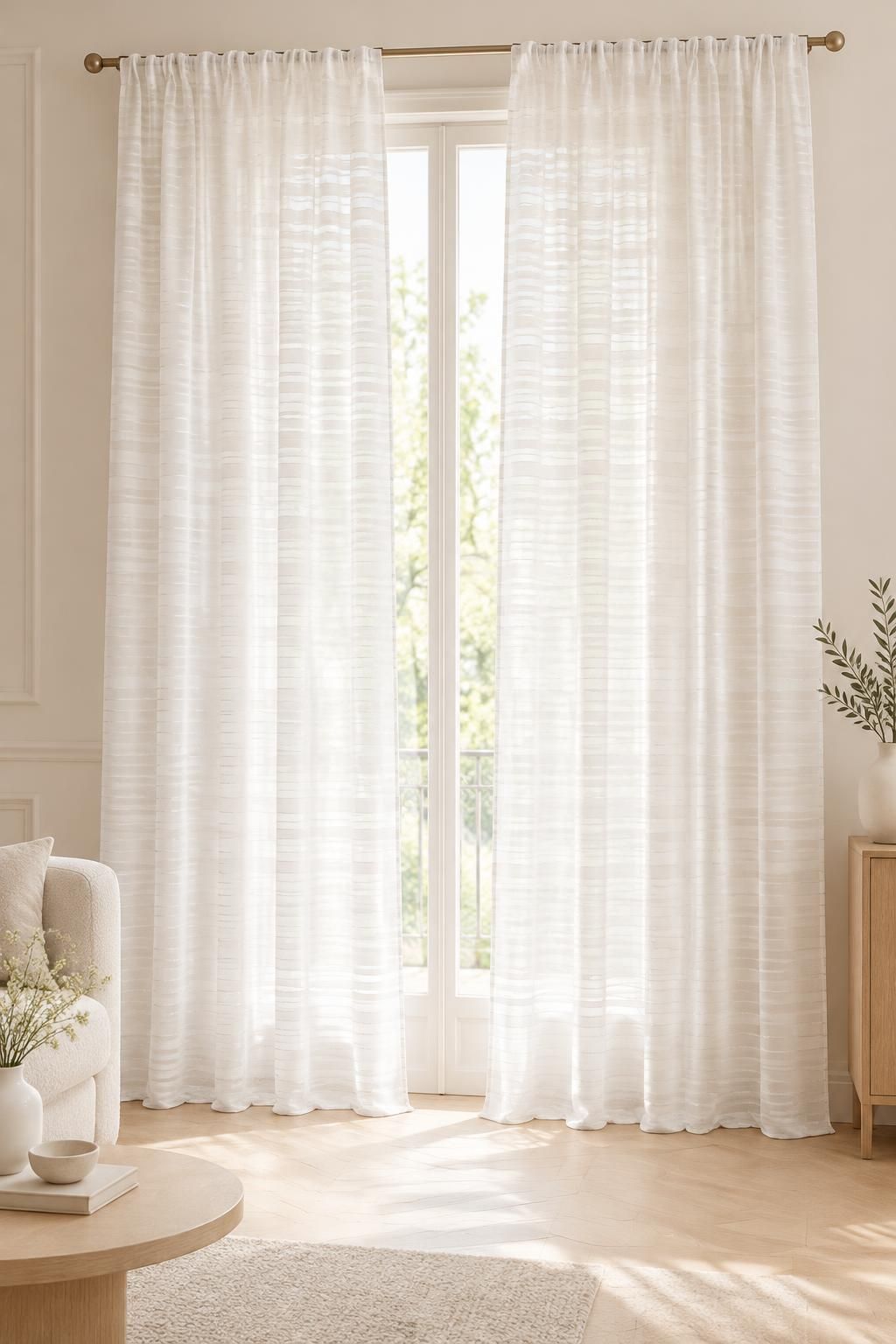 Inspiration Les voilages avec le tissu GARAEEL - Voile crêpe de viscose à rayures satinées et à fils lurex argentés