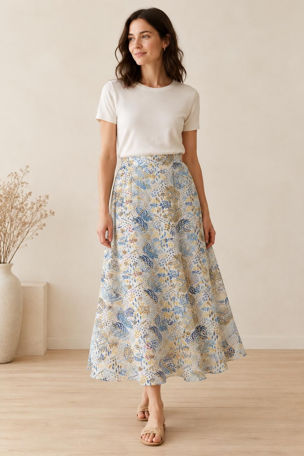 Inspiración La falda con el tejido Voile de algodón, estampado campestre de flores azules y amarillas