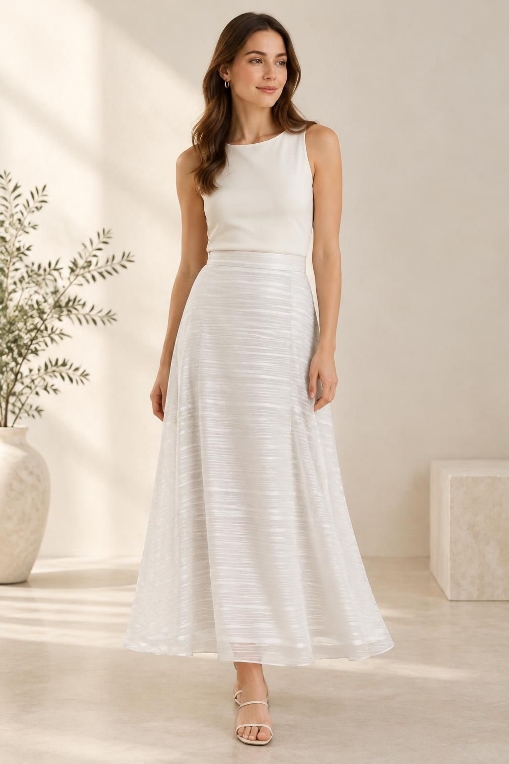 Inspiration La jupe avec le tissu GARAEEL - Voile crêpe de viscose à rayures satinées et à fils lurex argentés