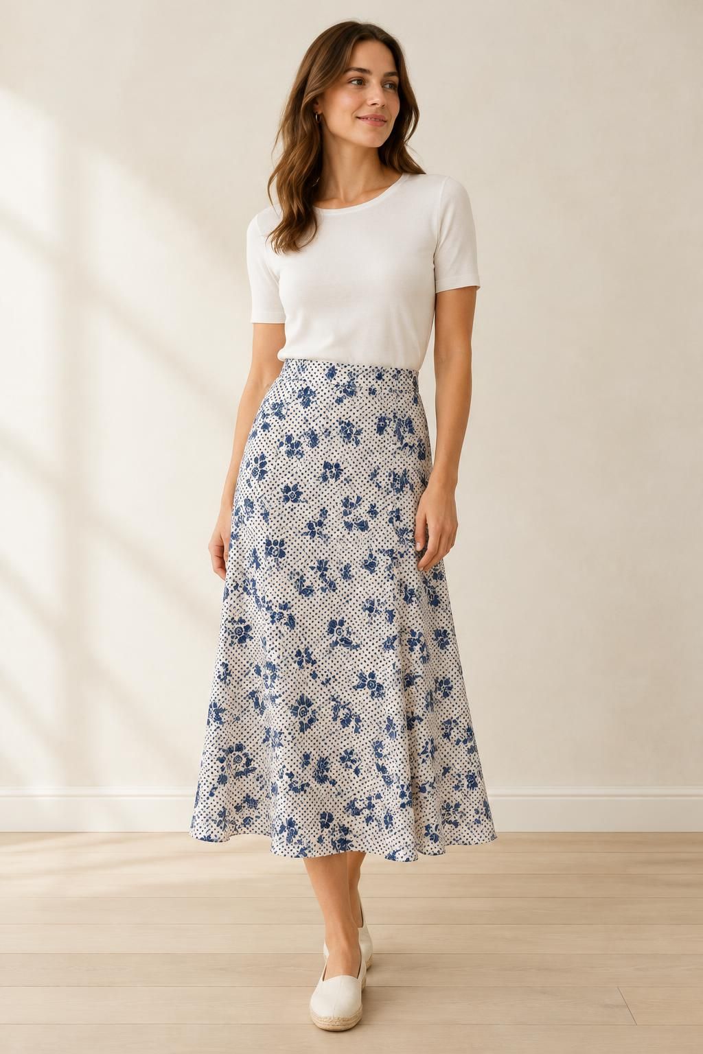 Inspiration La jupe avec le tissu Viscose légere à effet froissé, fleurs et pois bleu marine sur écru