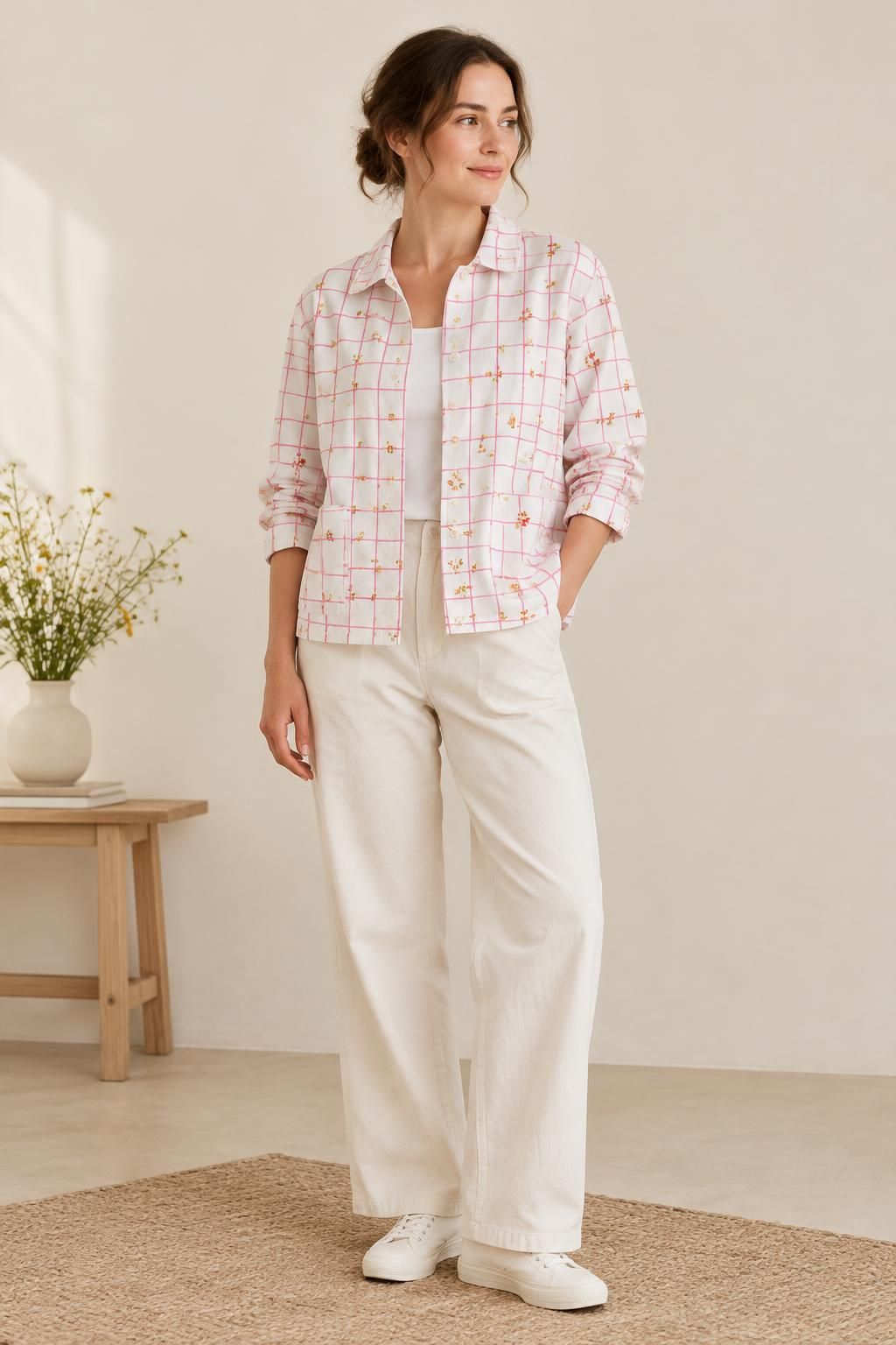 Inspiration La veste avec le tissu Popeline de coton, quadrillage rose et fleurs champêtres