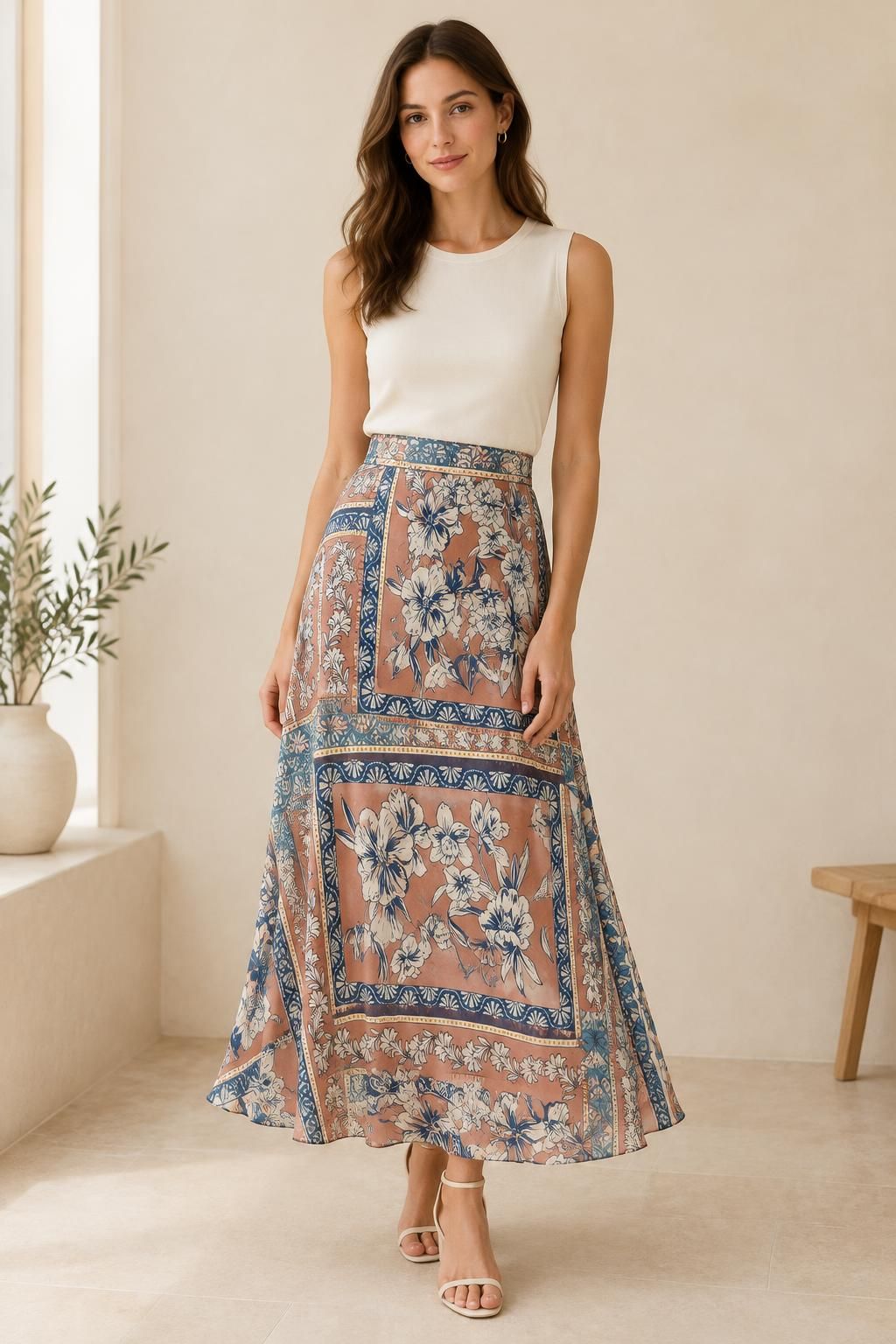 The skirt inspiration using Polyester satin chiffon, multicoloured geometric floral print fabric