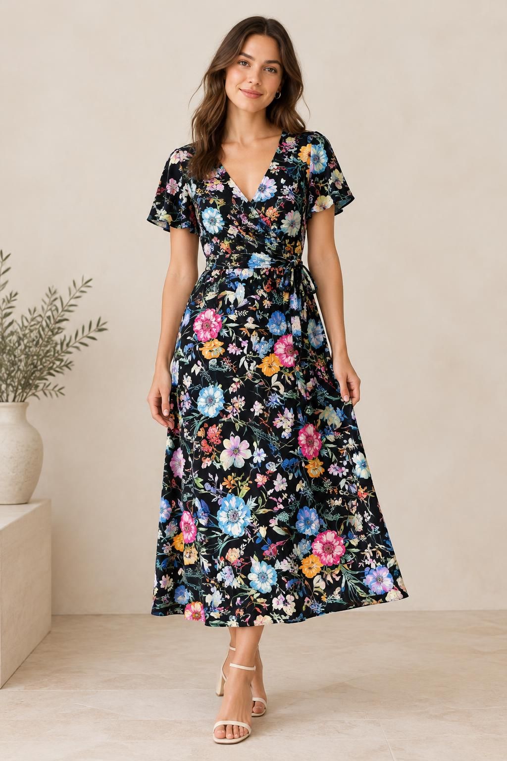 The dress inspiration using Black-ground floral viscose fabric