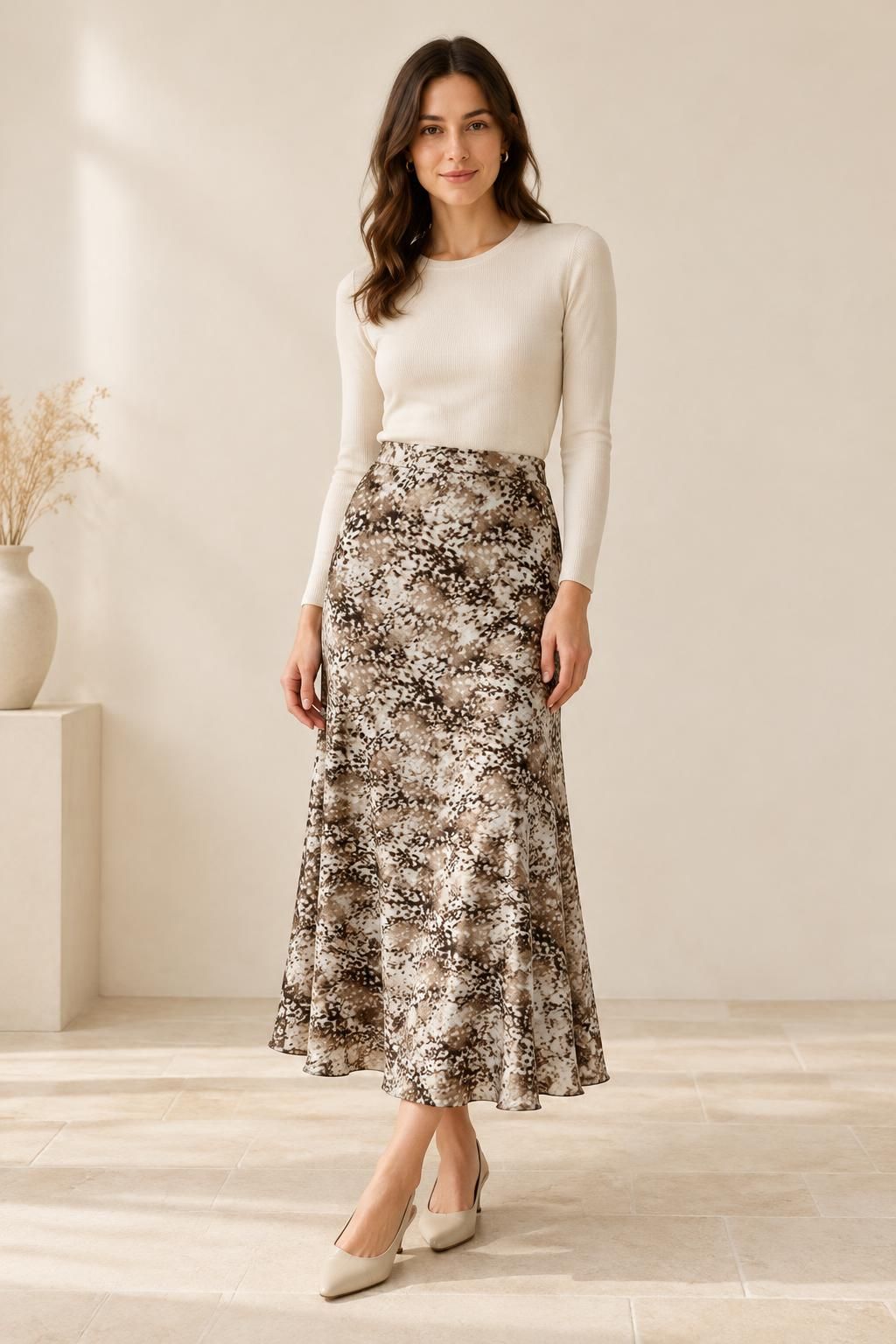 Inspiration La jupe avec le tissu Satin de polyester plissé léger, motif animalier brun et écru