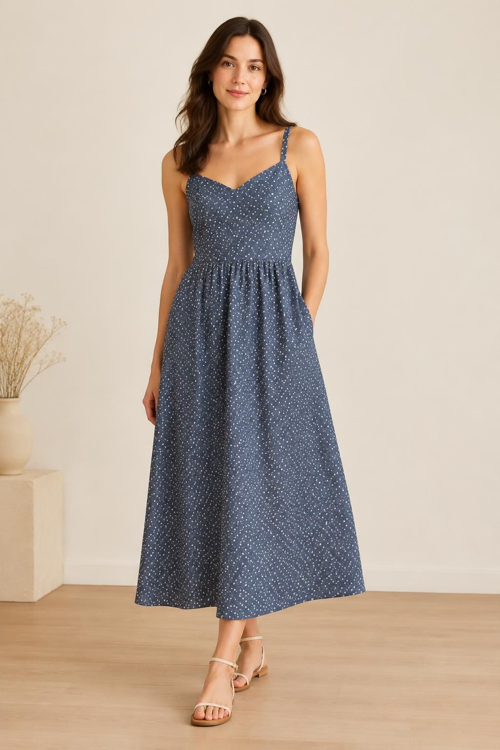 Inspiration La robe avec le tissu Batiste de viscose Ecovero, petits pois blancs sur bleu jean