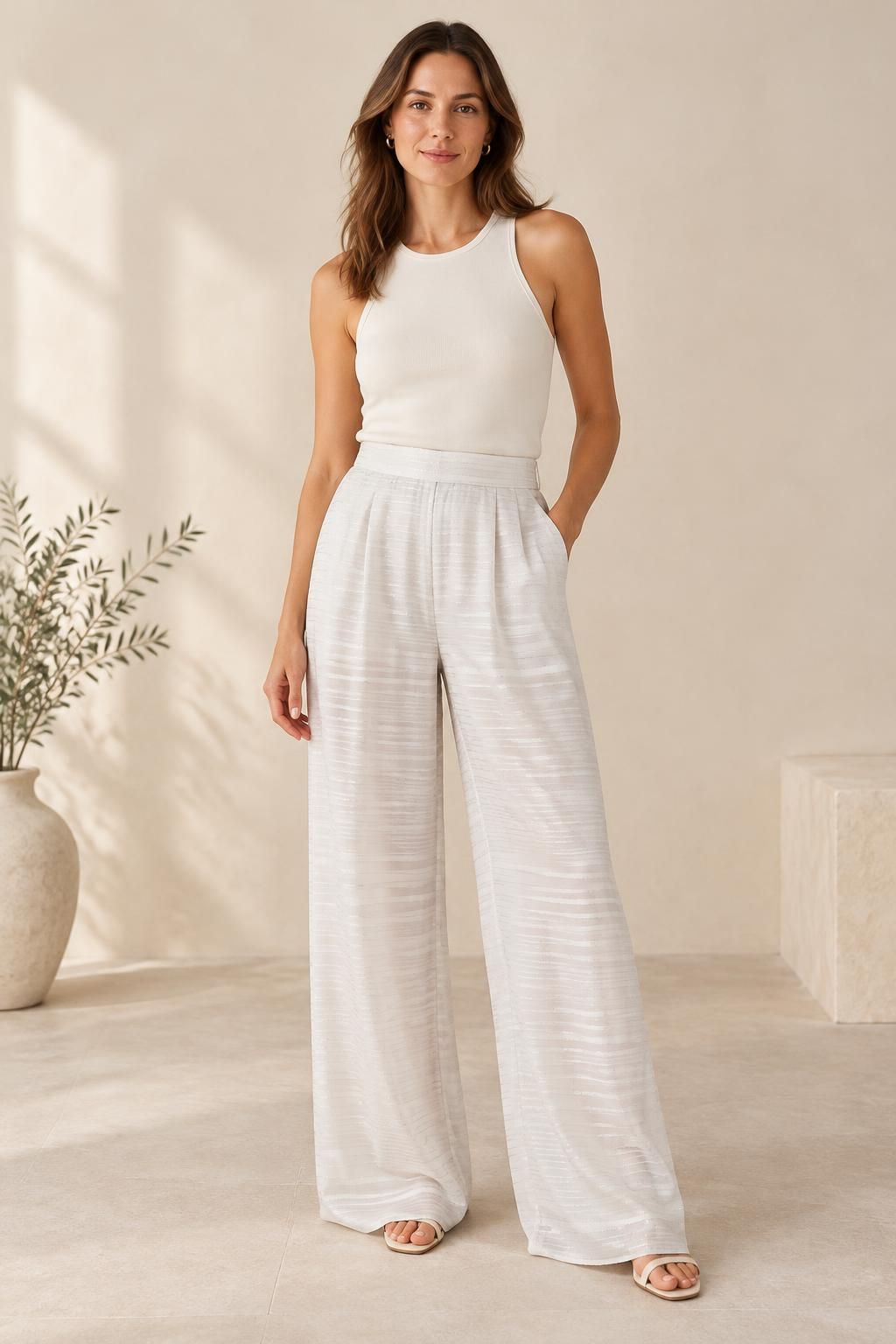 Inspiration Le pantalon avec le tissu GARAEEL - Voile crêpe de viscose à rayures satinées et à fils lurex argentés