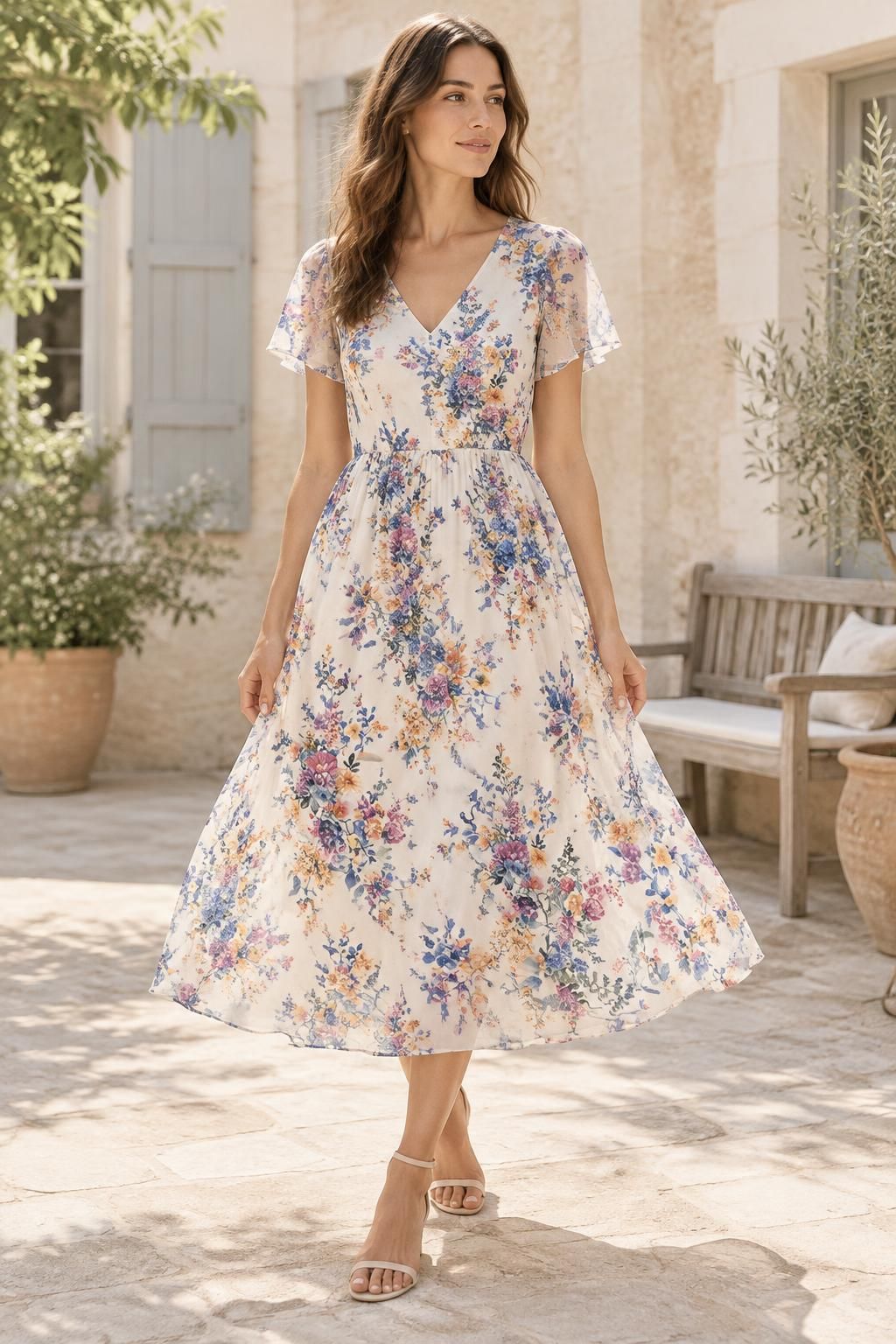 Inspiration La robe avec le tissu Voile de coton, motif fleuri romantique multicolore