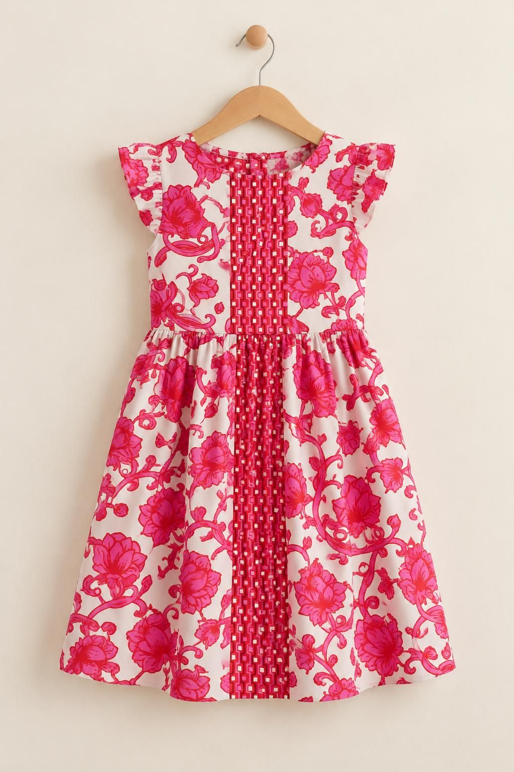 Inspiration La robe enfant avec le tissu Sergé de coton stretch, motif fleuri et géométrique rose et rouge