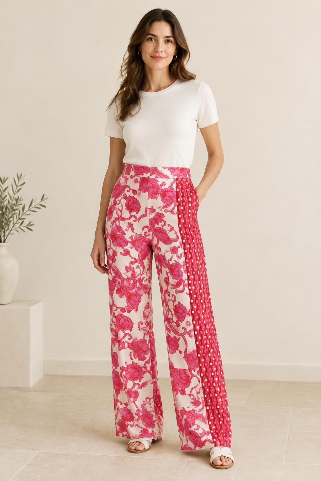 Inspiration Le pantalon avec le tissu Sergé de coton stretch, motif fleuri et géométrique rose et rouge