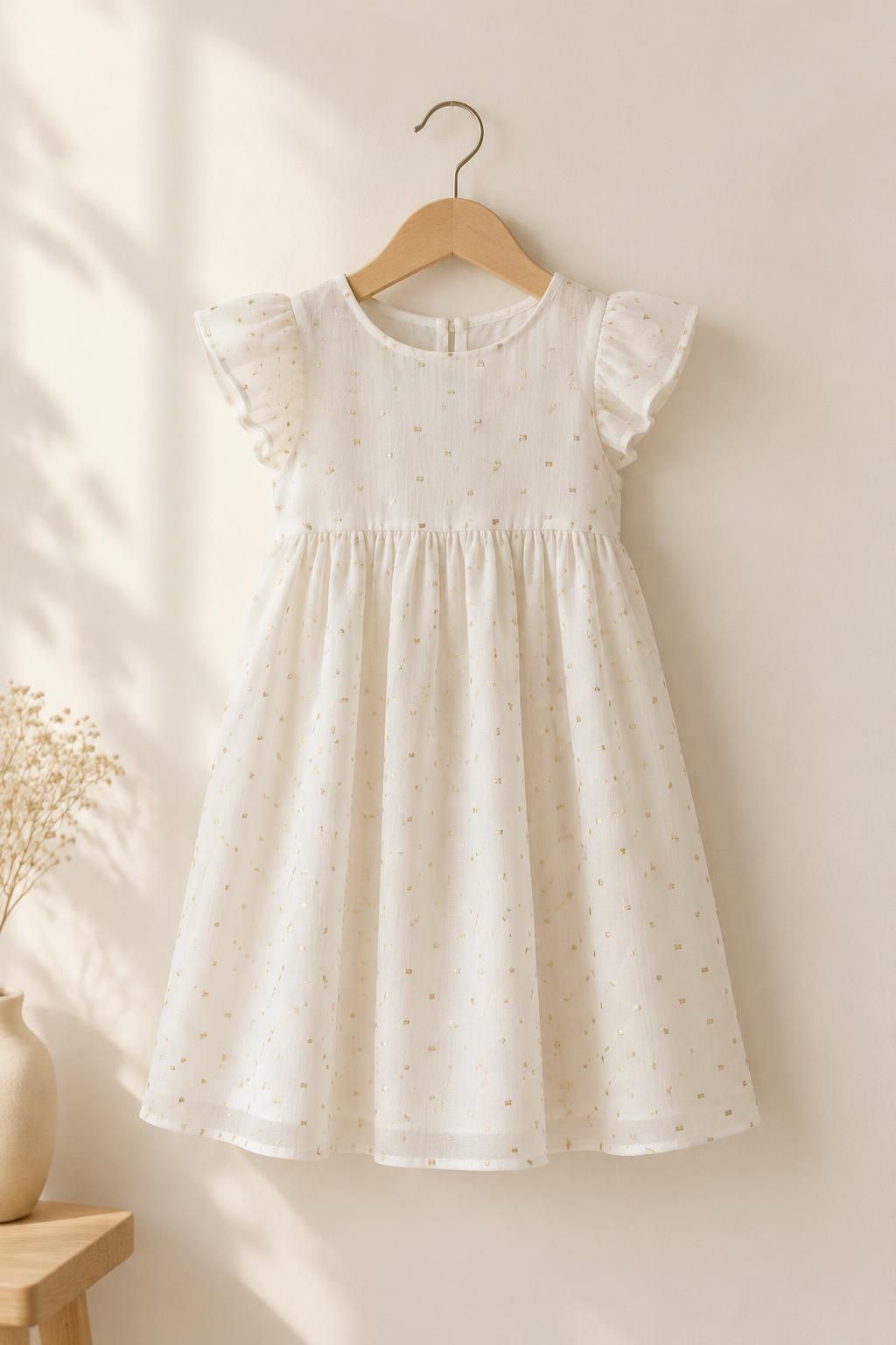 The child’s dress inspiration using AURÉA - Viscose batiste with gold plumetis fabric