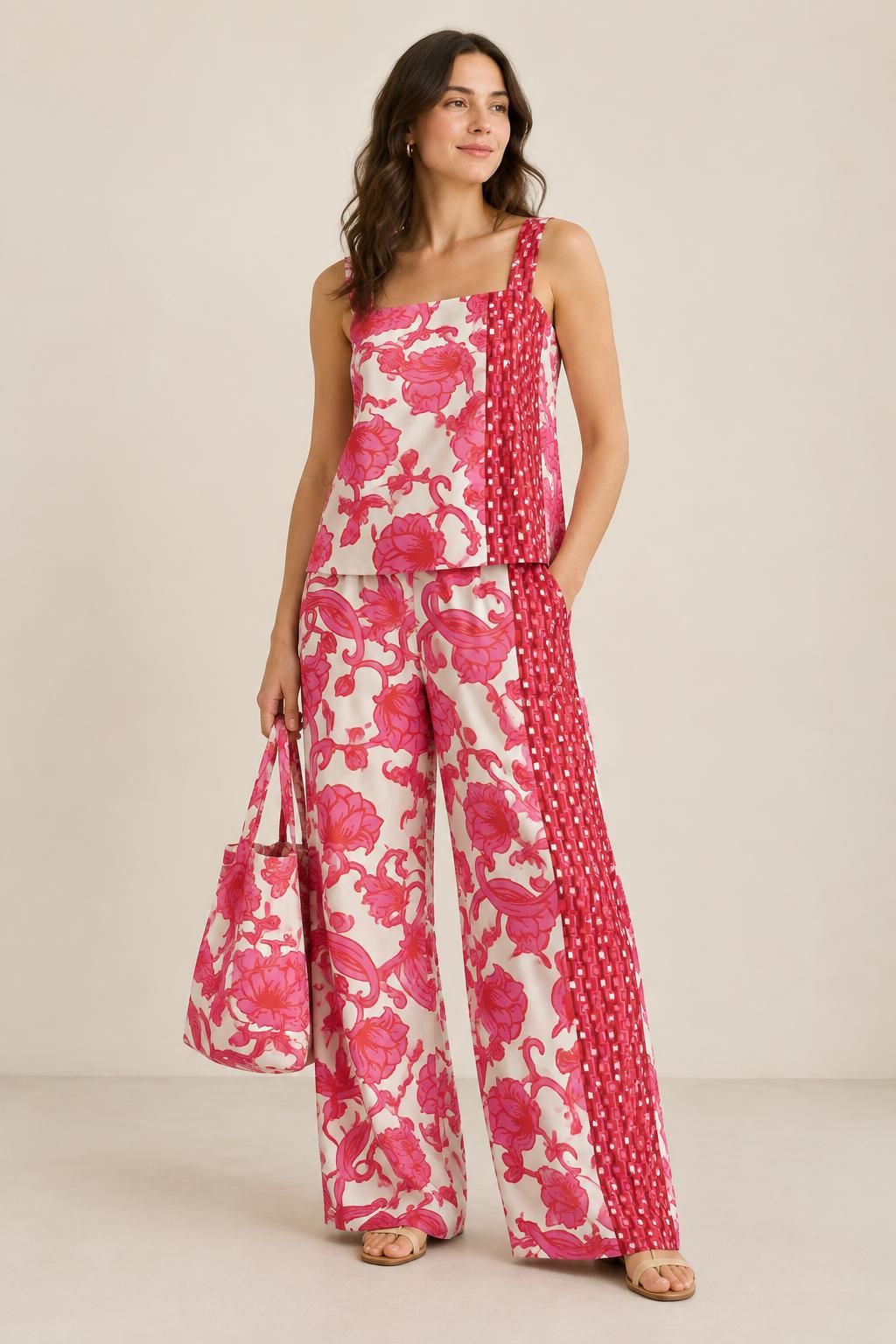 Inspiration Les accessoires avec le tissu Sergé de coton stretch, motif fleuri et géométrique rose et rouge