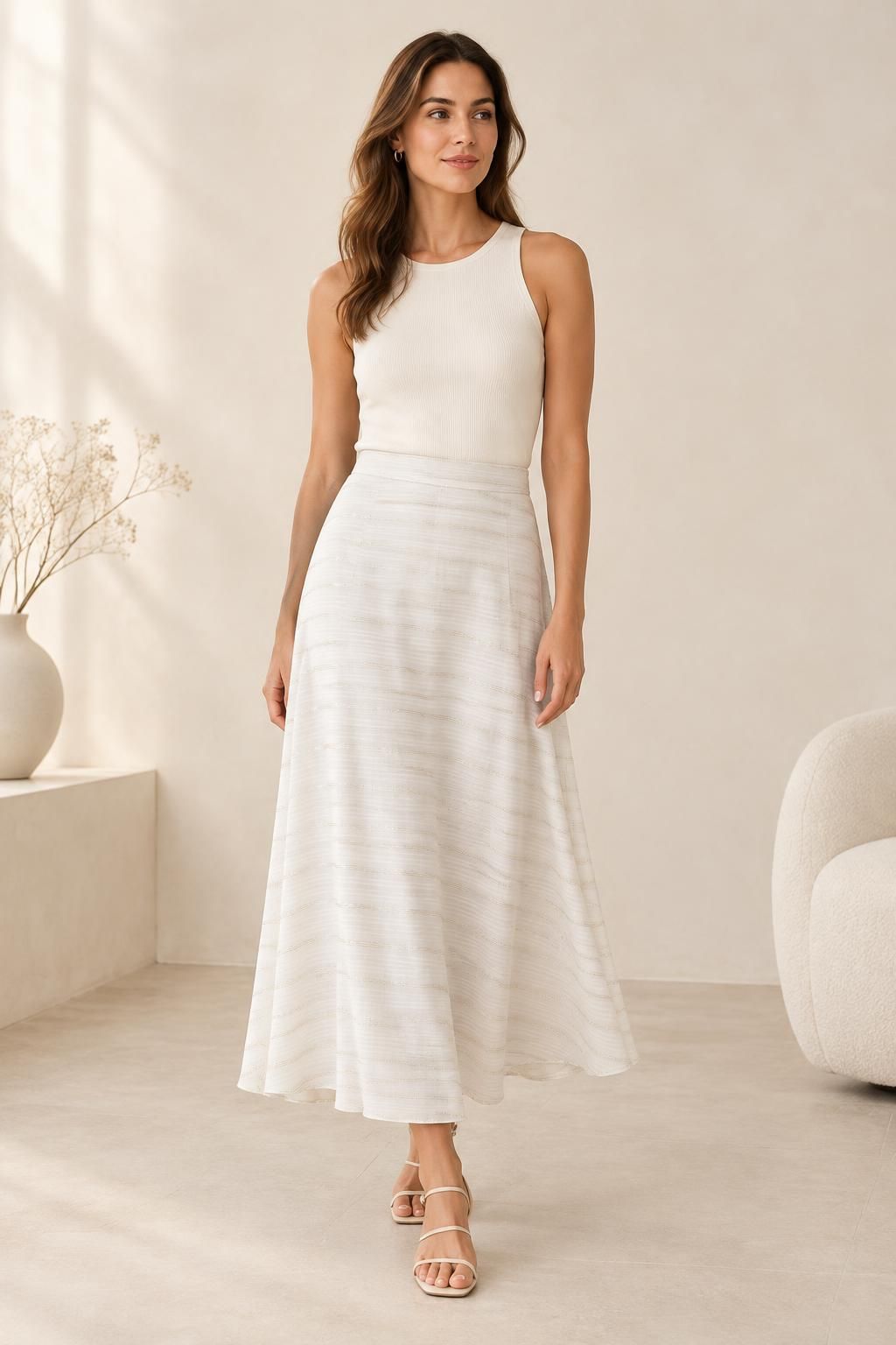 The skirt inspiration using LUREA - Striped satin viscose with lurex fabric