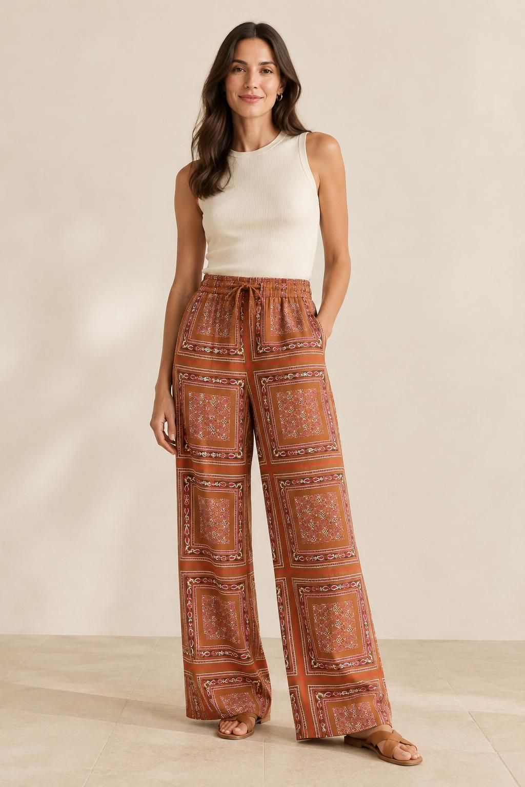 Inspiration Die Hose mit dem Stoff Strukturierter Viskosekrepp mit geometrischem Paisleymuster in Braun