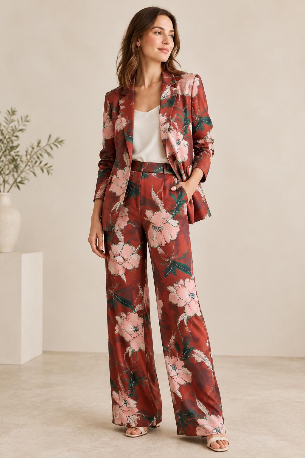Inspiration La veste avec le tissu Sergé de polyester effet soie, grandes fleurs roses et feuillage vert