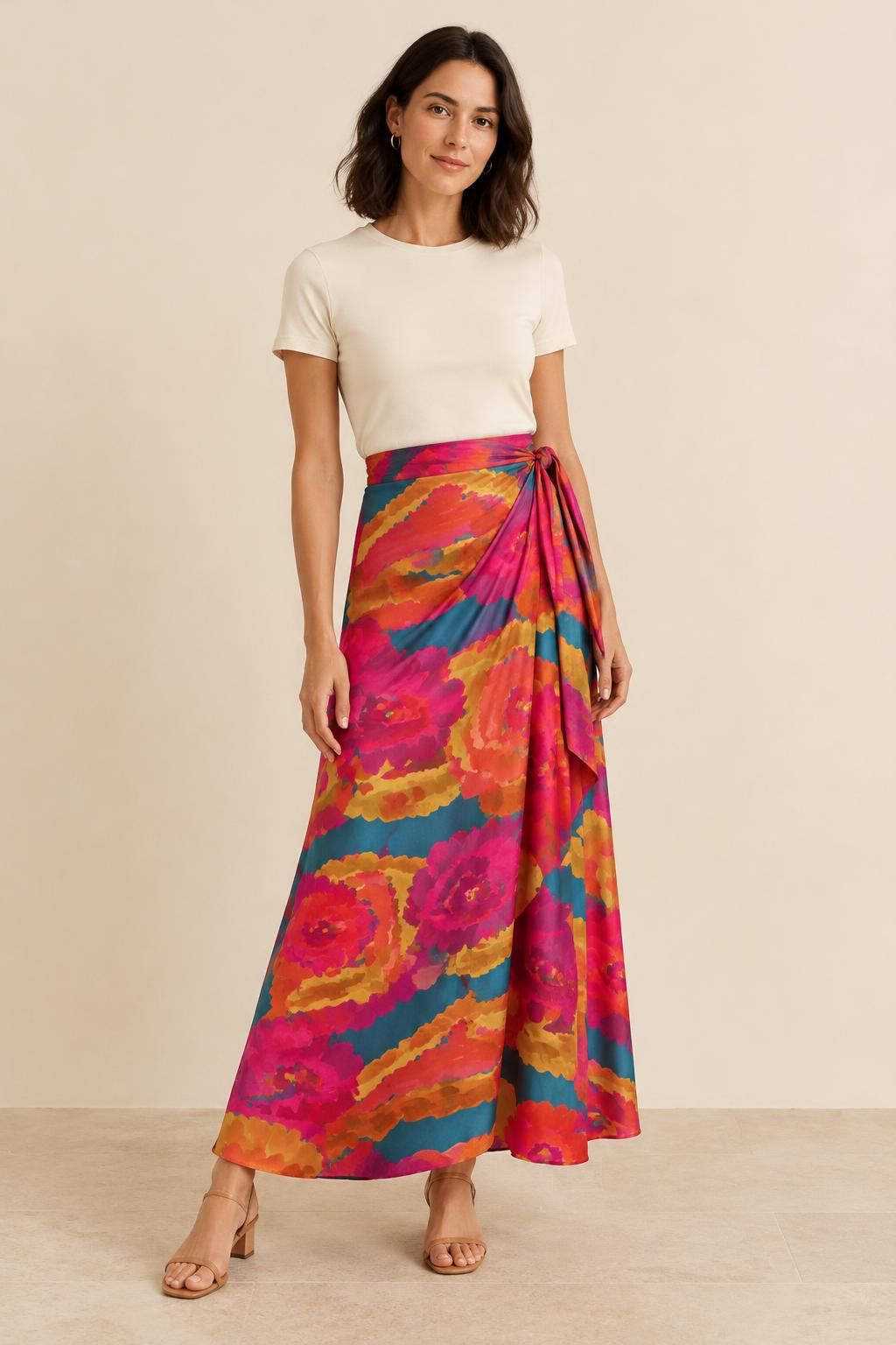 Ispirazione La gonna con il tessuto Satin di viscose leggero, grandi fiori astratti retro (leggero difetto d'aspetto)