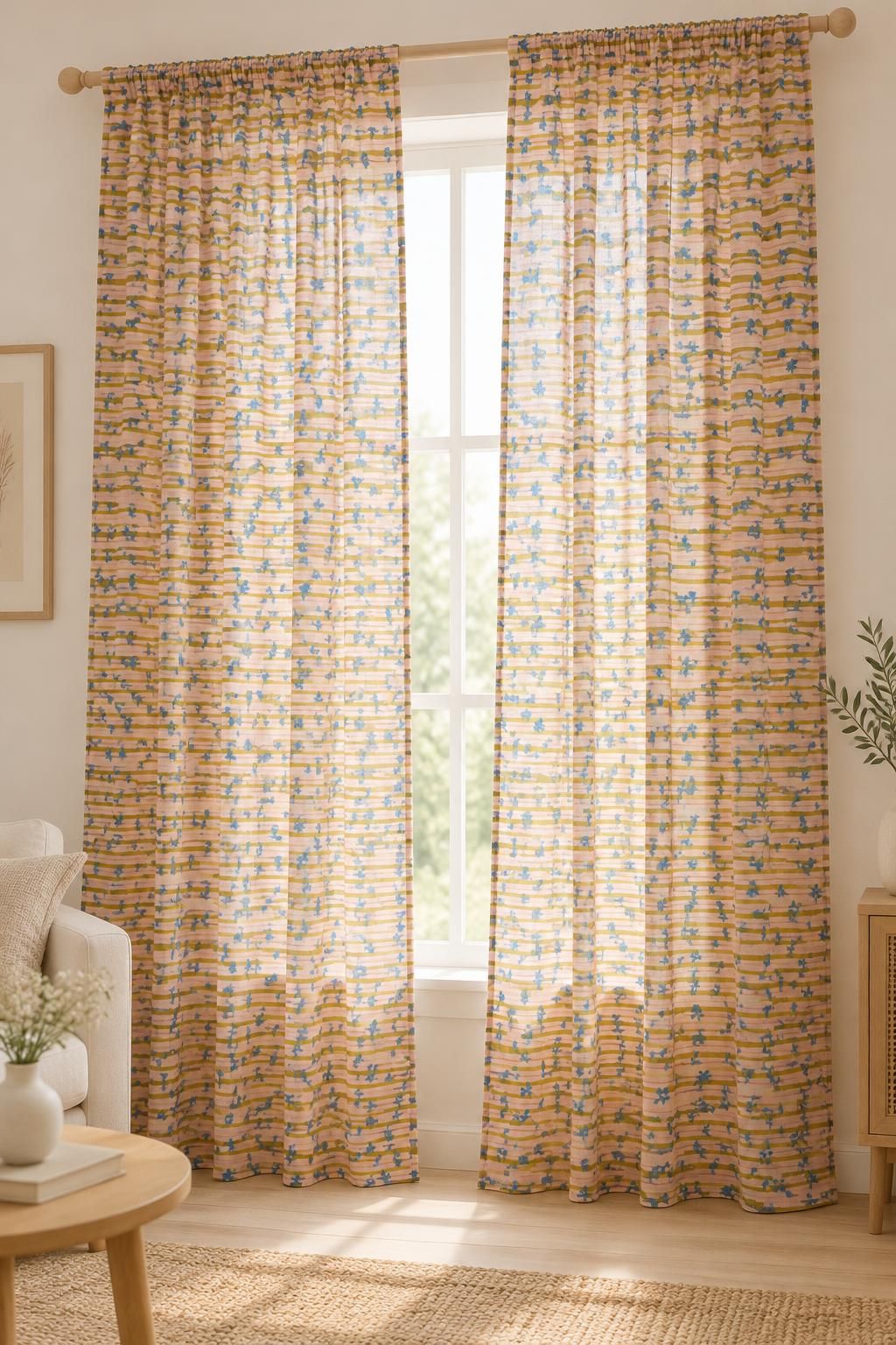 Inspiration Les voilages avec le tissu Voile de coton, petites fleurs bleues sur rayures multicolores