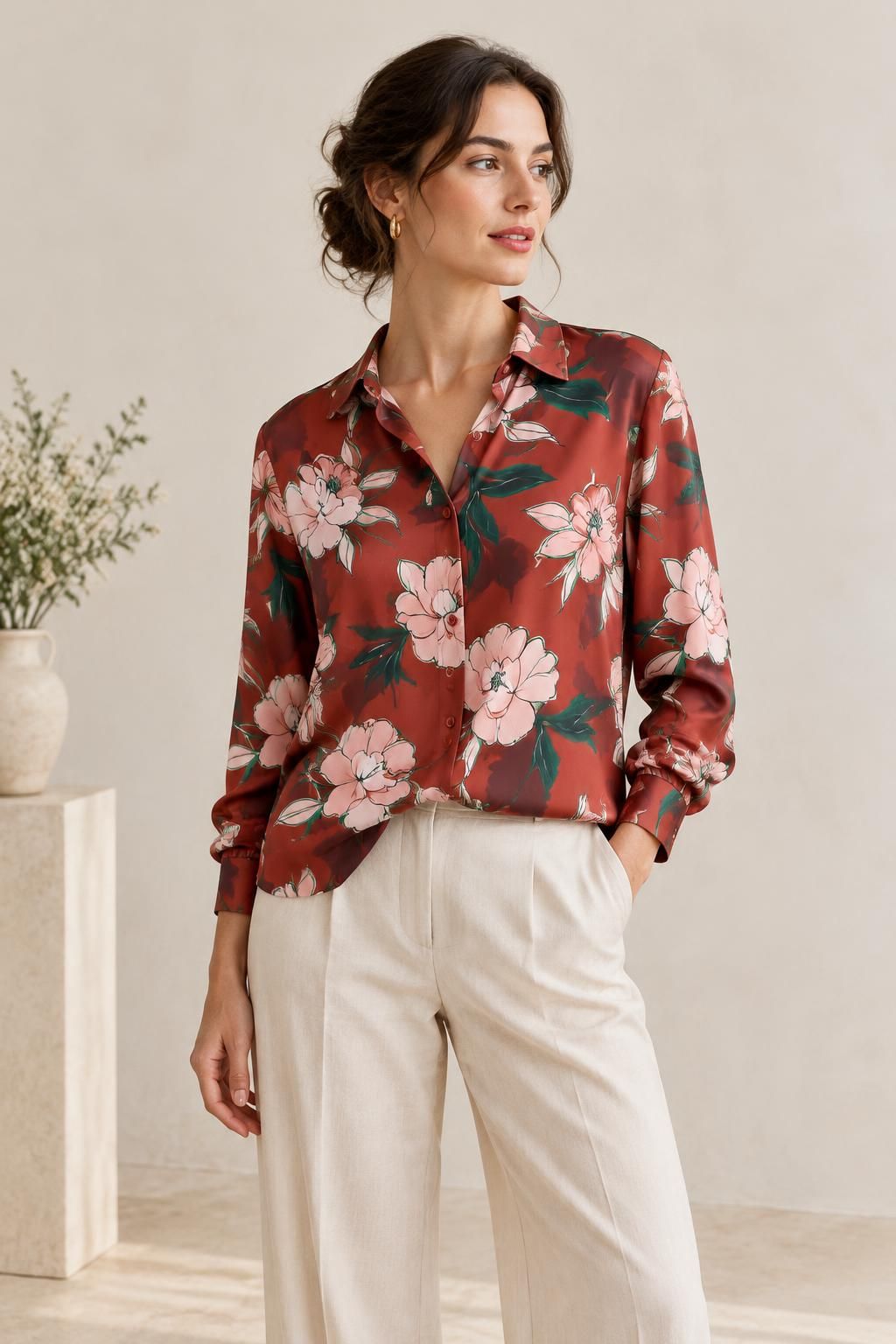Inspiration La blouse avec le tissu Sergé de polyester effet soie, grandes fleurs roses et feuillage vert