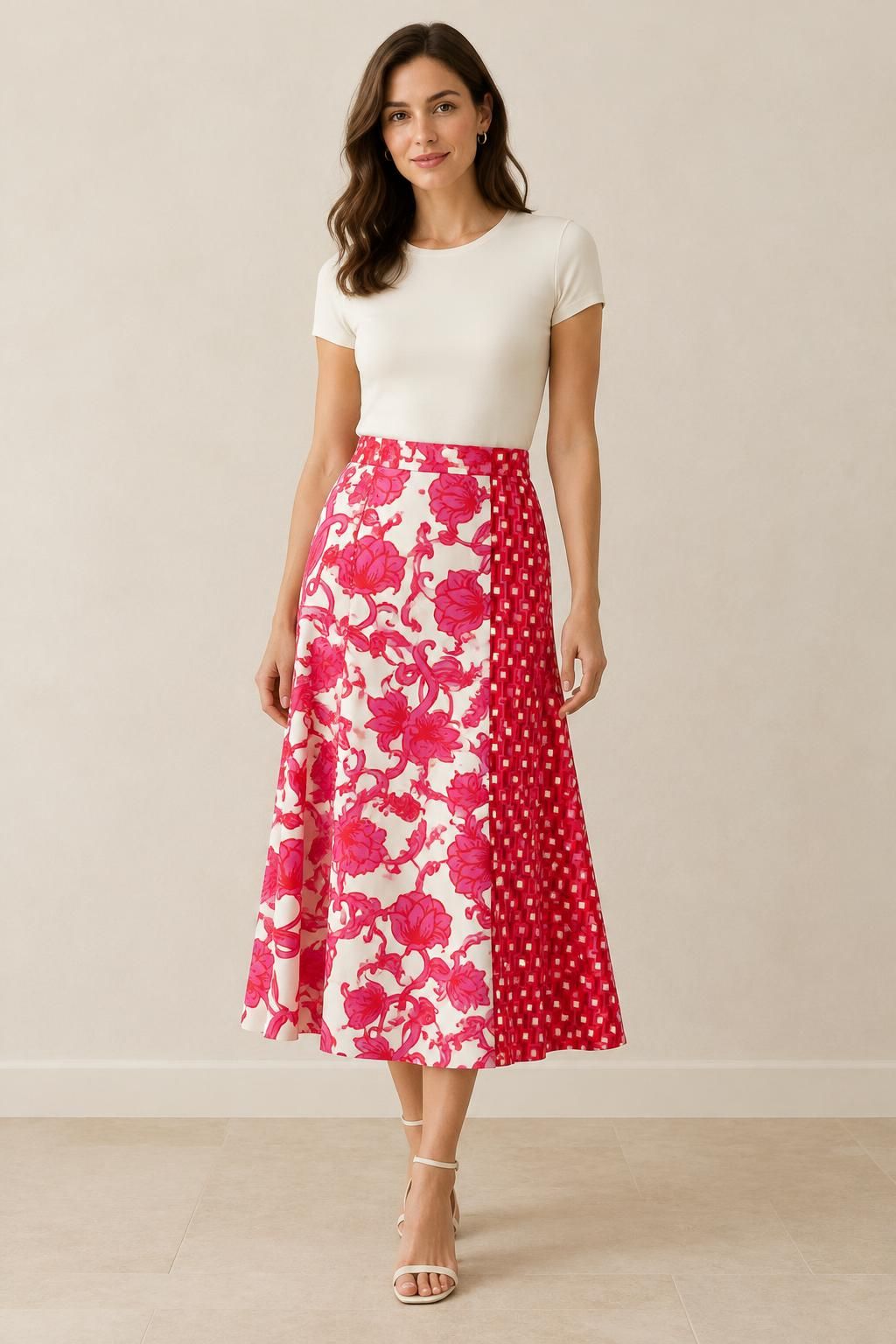 Inspiration La jupe avec le tissu Sergé de coton stretch, motif fleuri et géométrique rose et rouge