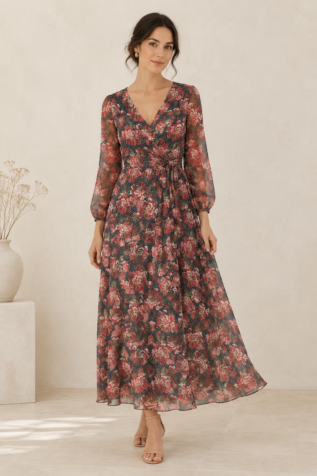 Inspiration La robe avec le tissu Voile crêpe de polyester, fleurs rouges et pois blancs