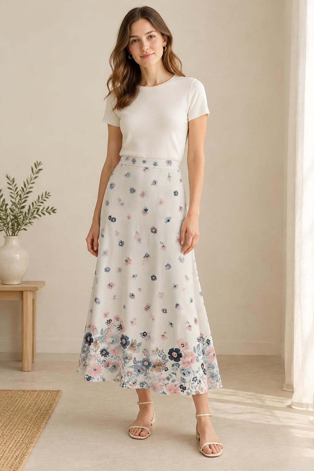 Inspiration La jupe avec le tissu Javanaise de viscose, motif fleuri à embase rose et bleue