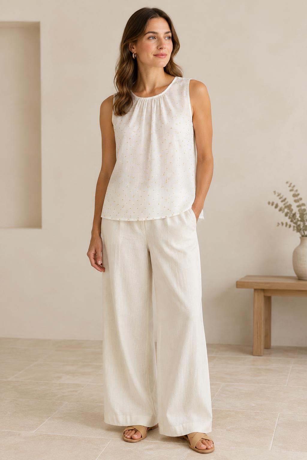 The top inspiration using AURÉA - Viscose batiste with gold plumetis fabric