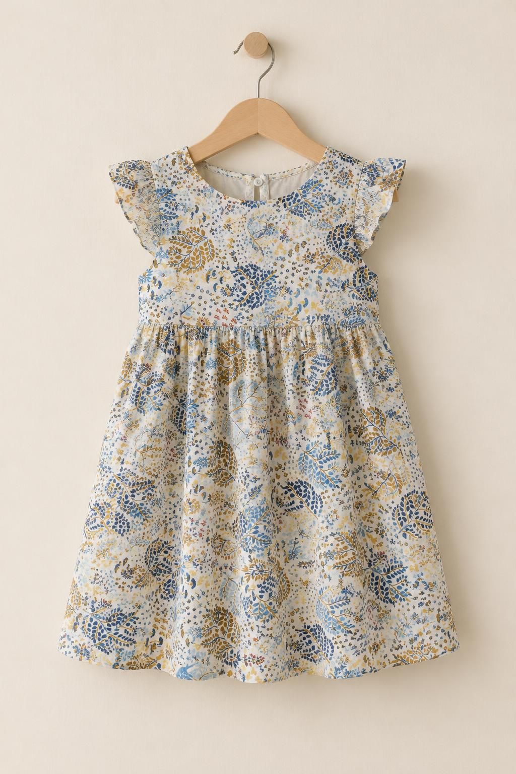 Inspiración El vestido infantil con el tejido Voile de algodón, estampado campestre de flores azules y amarillas