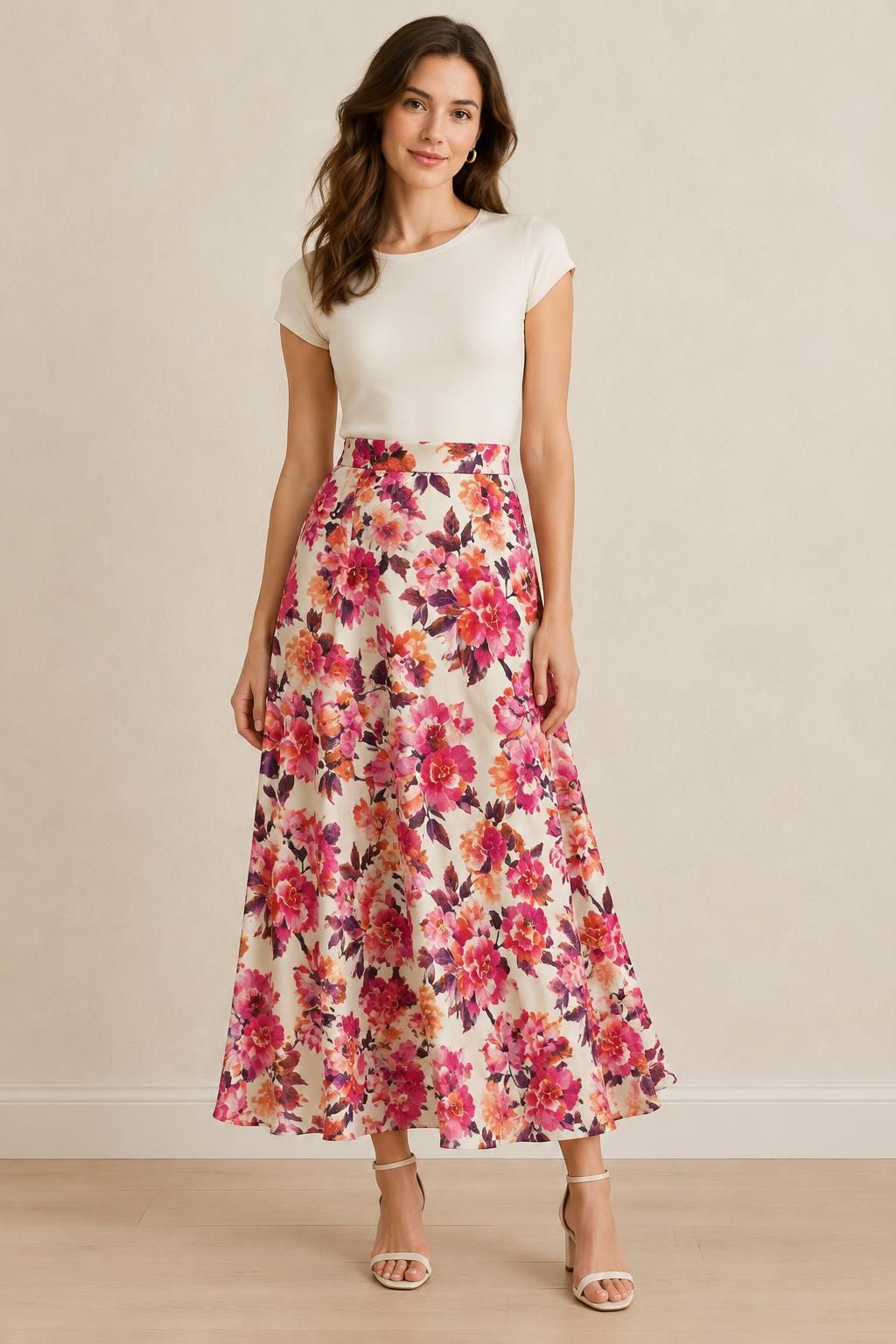 Inspiration La jupe avec le tissu Crêpe de polyester, motif fleuri romantique