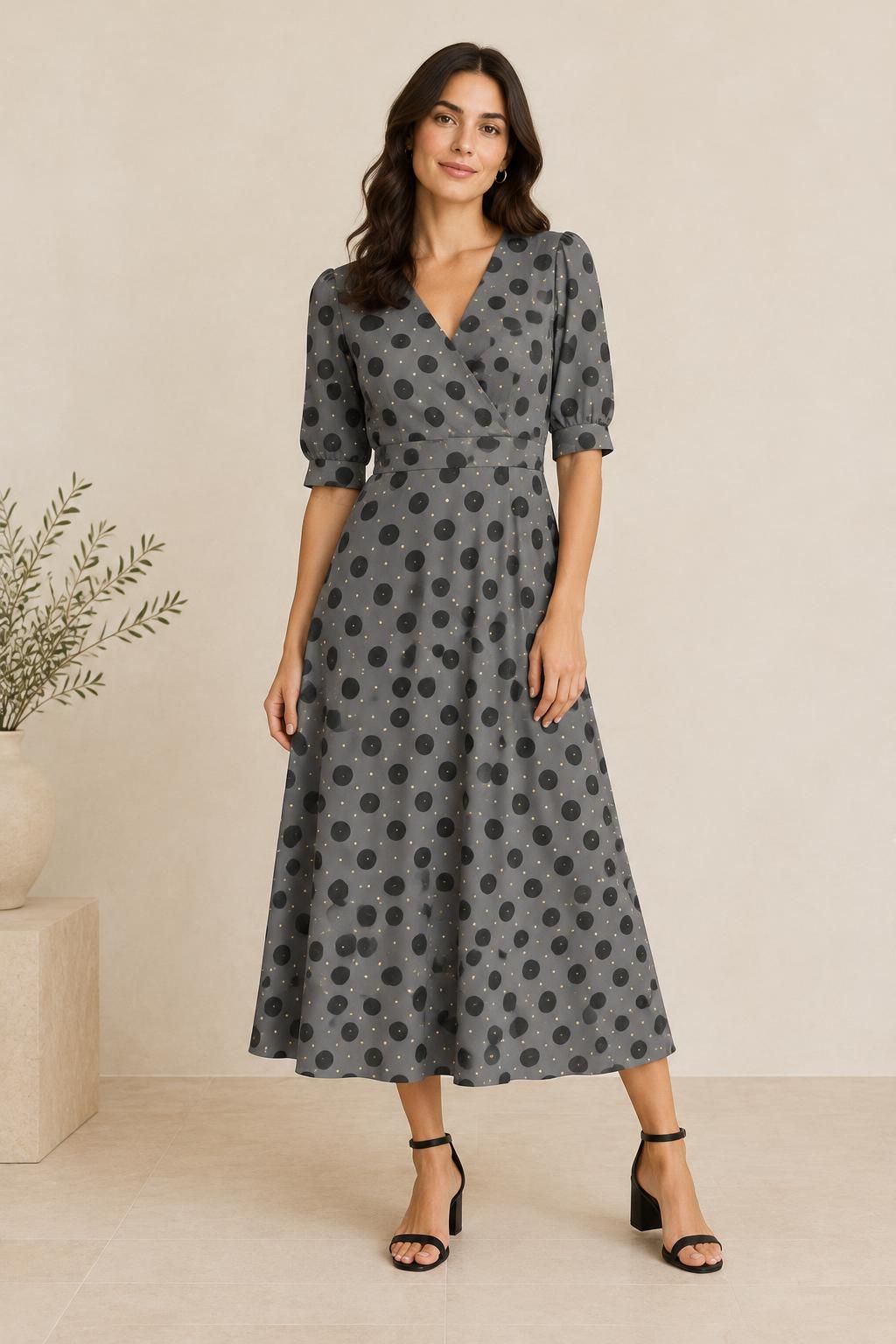 Inspiration Das Kleid mit dem Stoff Schwerer Viskosekrepp, schwarze und cremefarbene Punkte auf grauem Grund