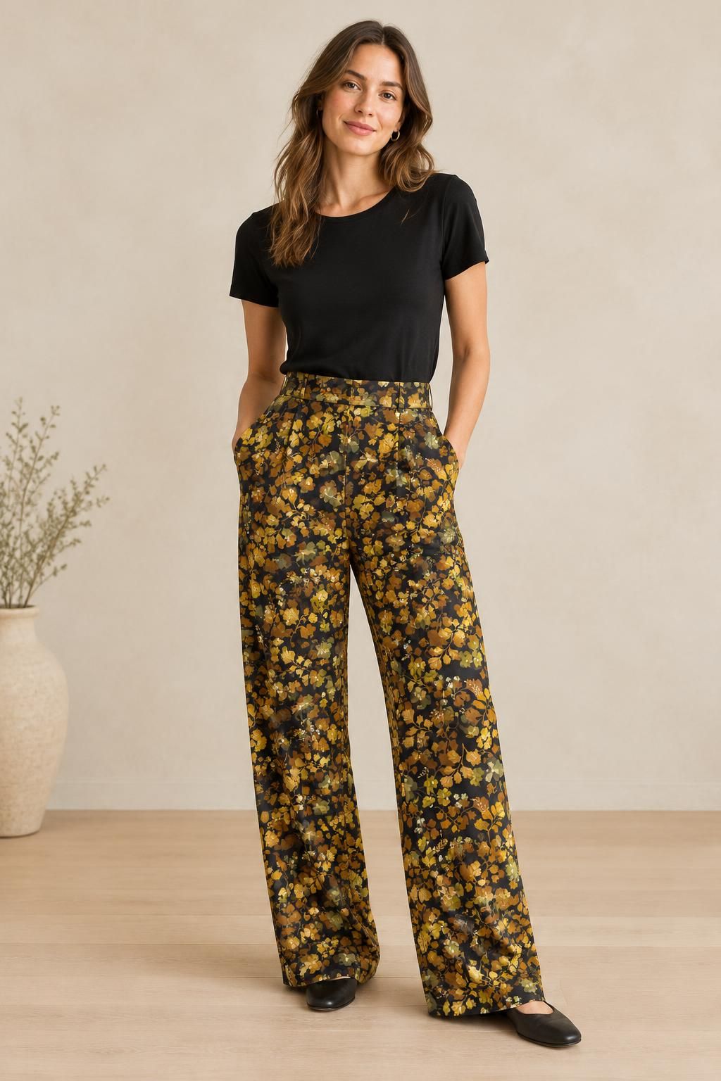 Inspiración Los pantalones con el tejido Crêpe de viscose pesado, estampado floral retro multicolor