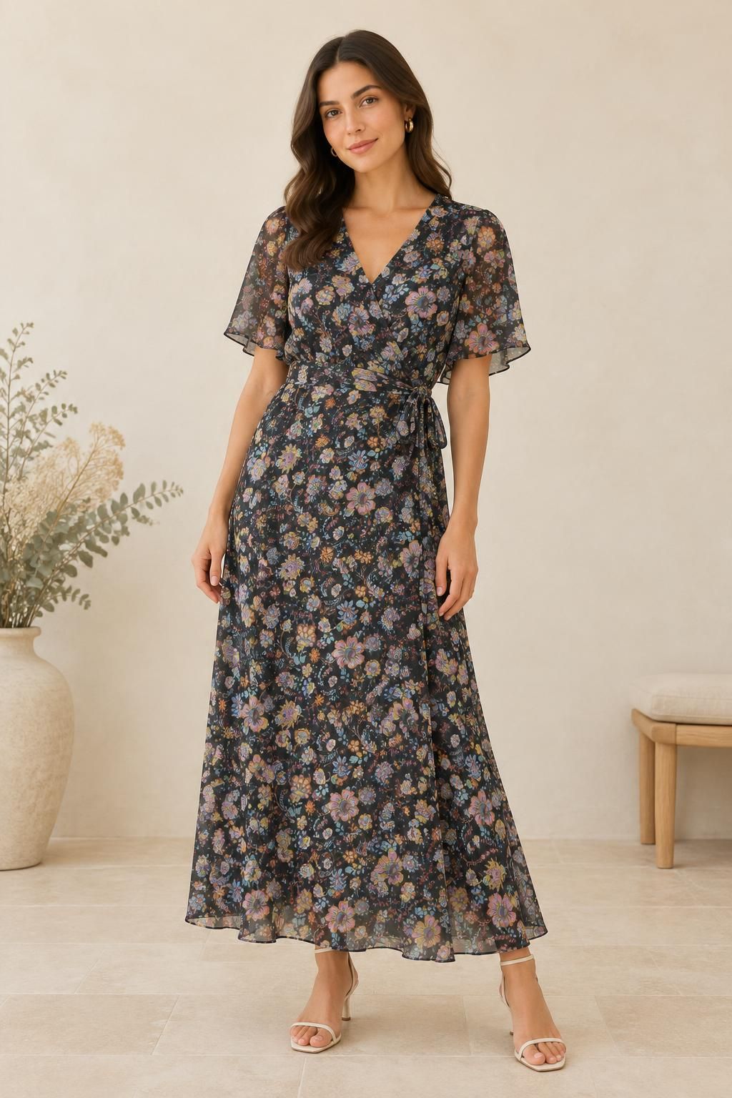 The dress inspiration using Polyester crêpe voile, multicoloured bohemian floral pattern fabric