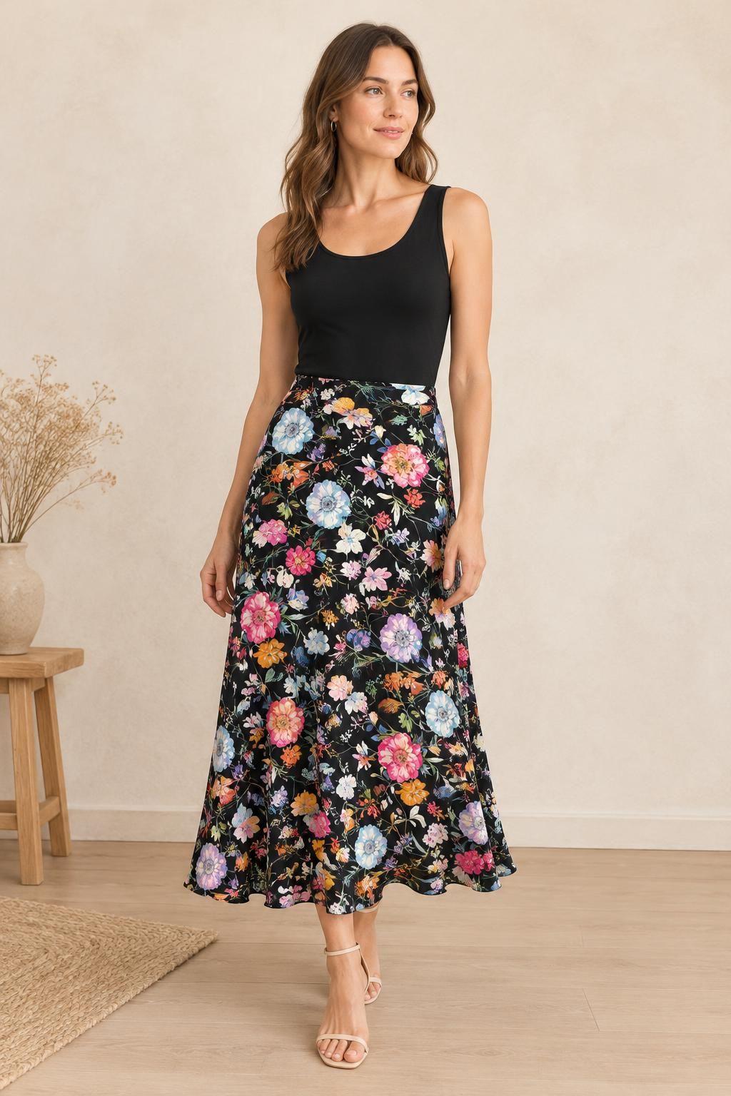 The skirt inspiration using Black-ground floral viscose fabric