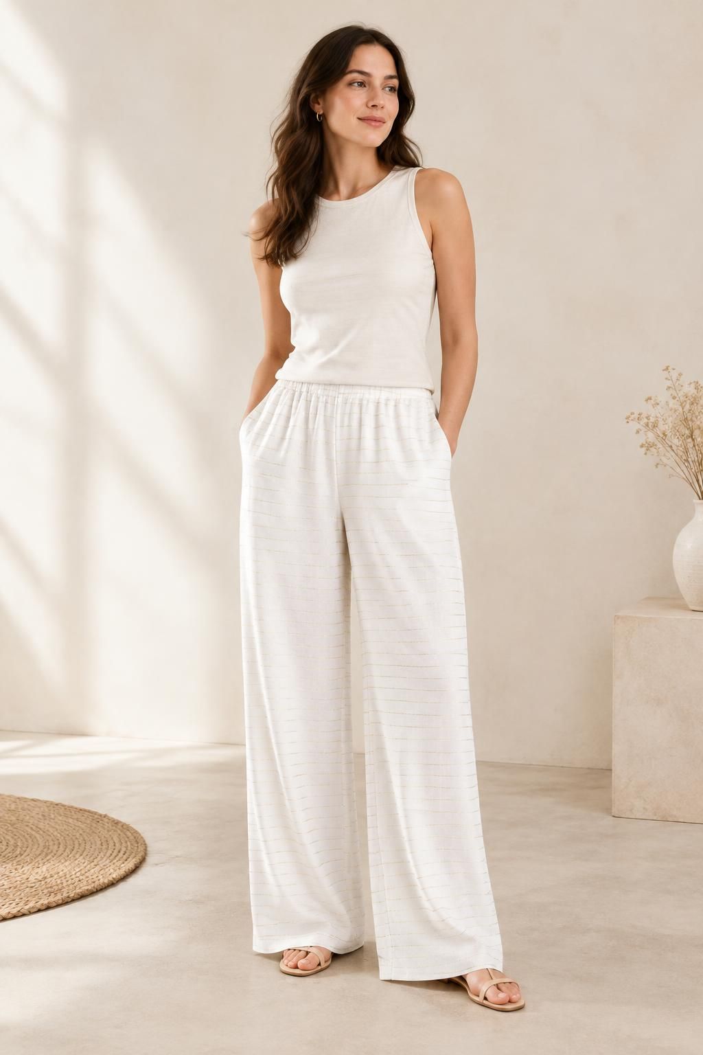 The trousers inspiration using DORIA - Gold lurex striped viscose javanaise fabric