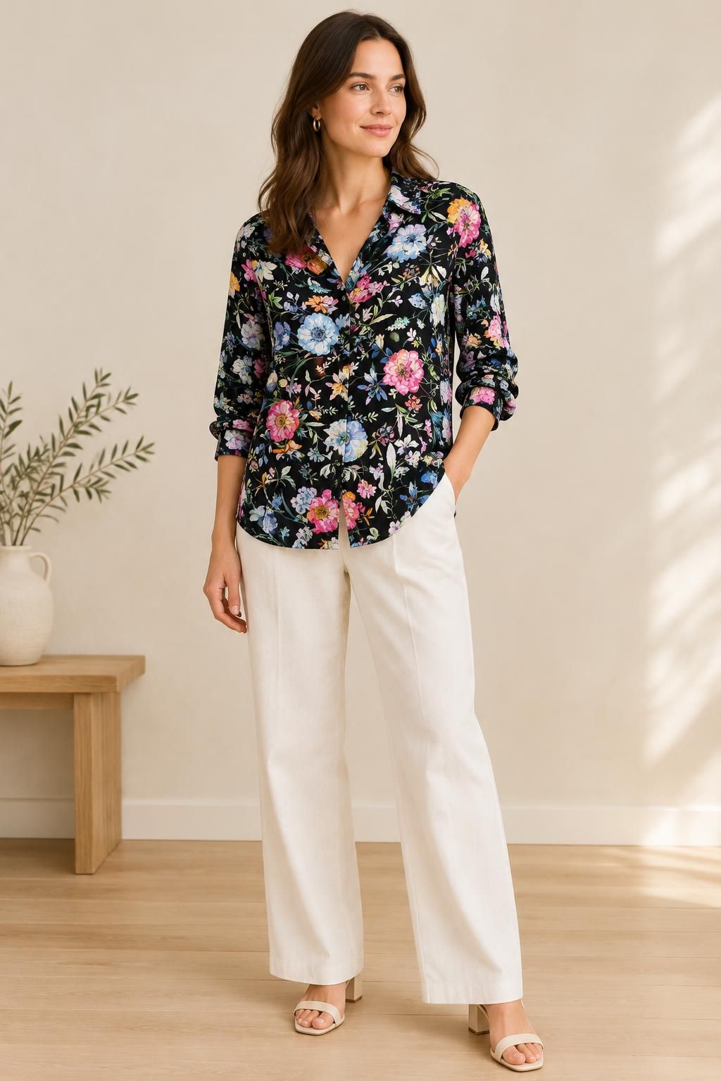 The blouse inspiration using Black-ground floral viscose fabric