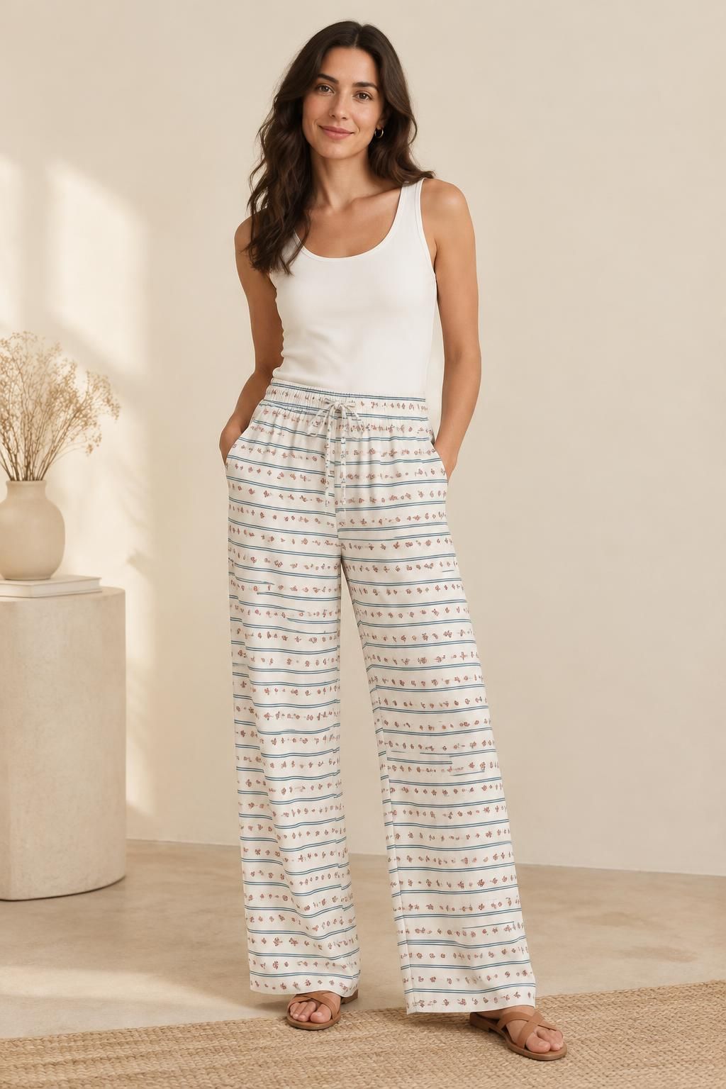 Inspiration Le pantalon avec le tissu Viscose dessin romantique à rayures fleuries