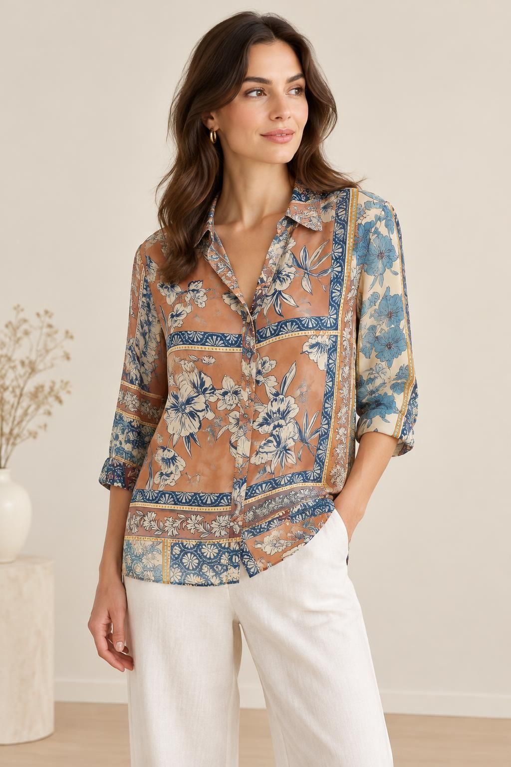 The blouse inspiration using Polyester satin chiffon, multicoloured geometric floral print fabric