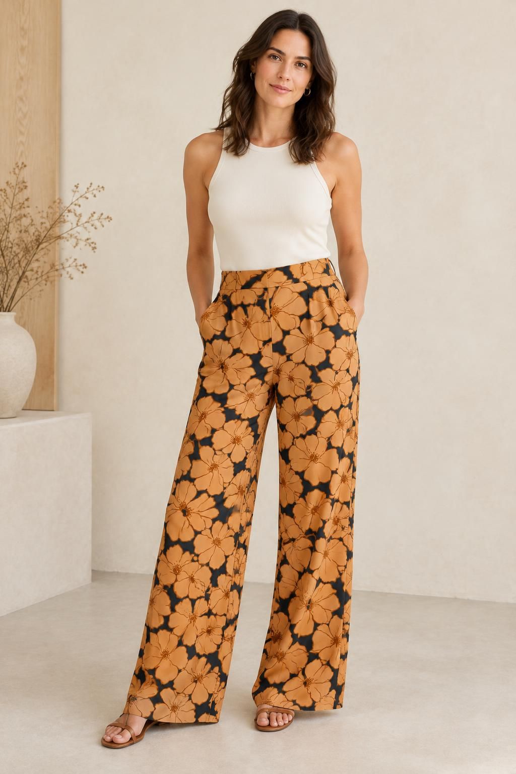 Inspiration Le pantalon avec le tissu Crêpe de viscose lourd, motif fleuri rétro orange et noir