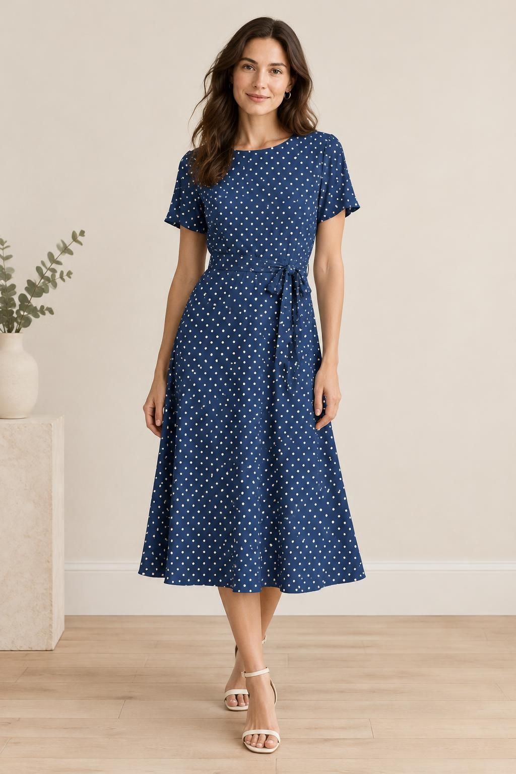 Inspiration La robe avec le tissu Viscose Ecovero, pois blancs sur fond bleu