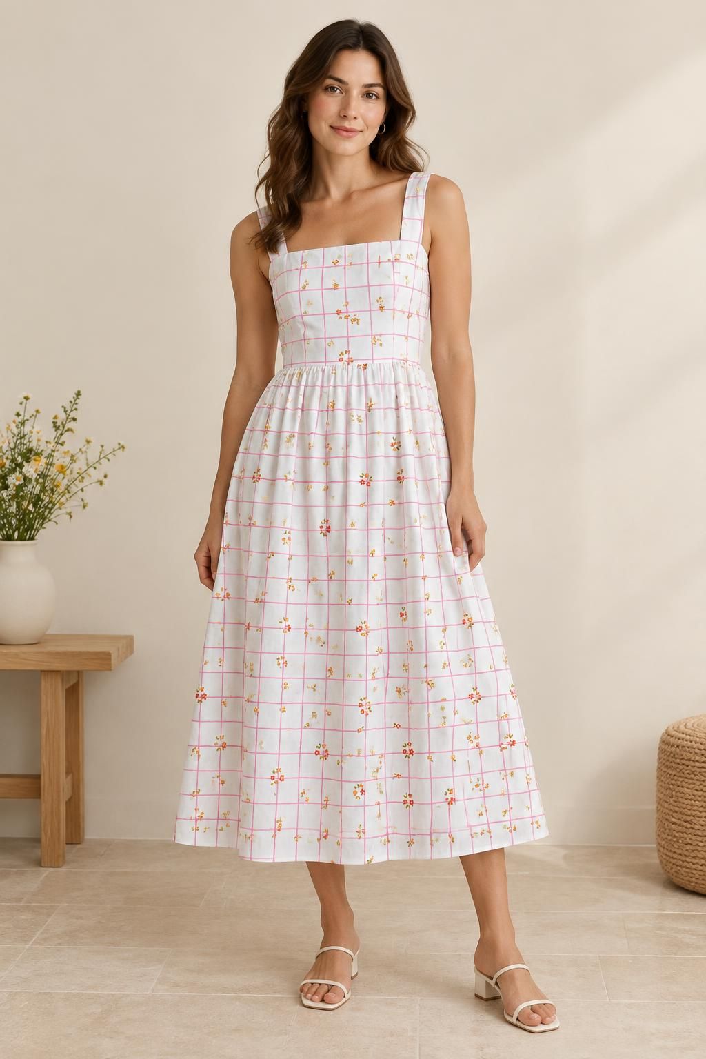 Inspiration La robe avec le tissu Popeline de coton, quadrillage rose et fleurs champêtres