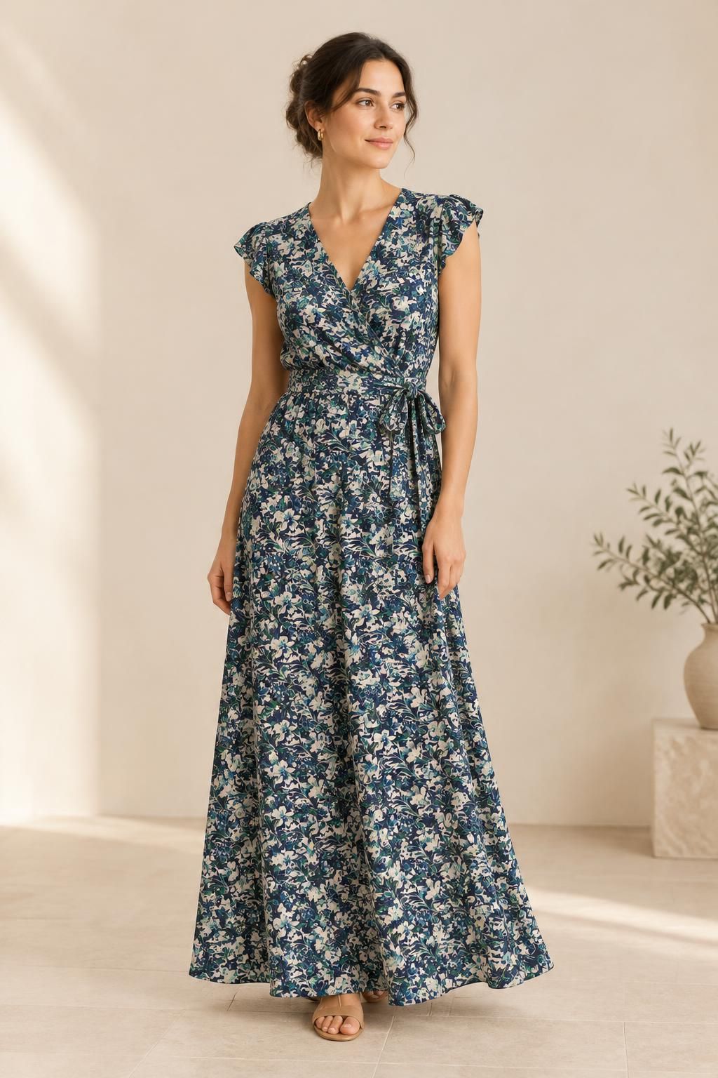 Inspiration La robe avec le tissu Batiste damassée de viscose, fleurs et feuillage bleu-vert