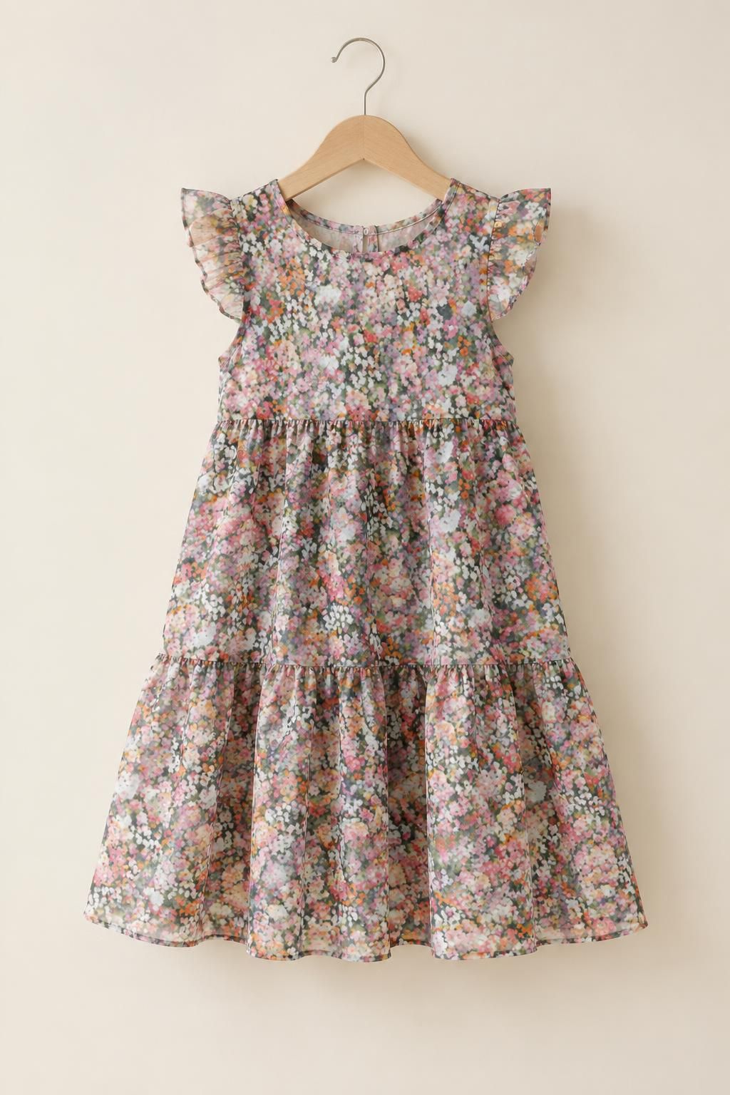 Inspiración El vestido infantil con el tejido Voile de algodón, estampado floral abstracto multicolor