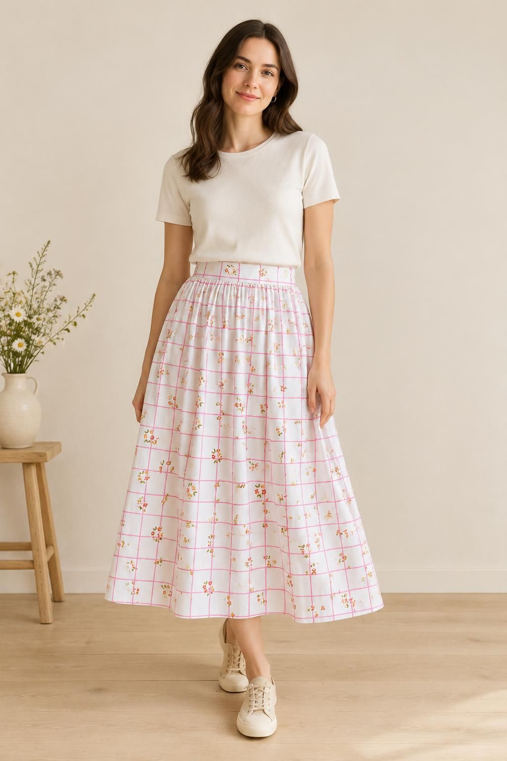 Inspiration La jupe avec le tissu Popeline de coton, quadrillage rose et fleurs champêtres