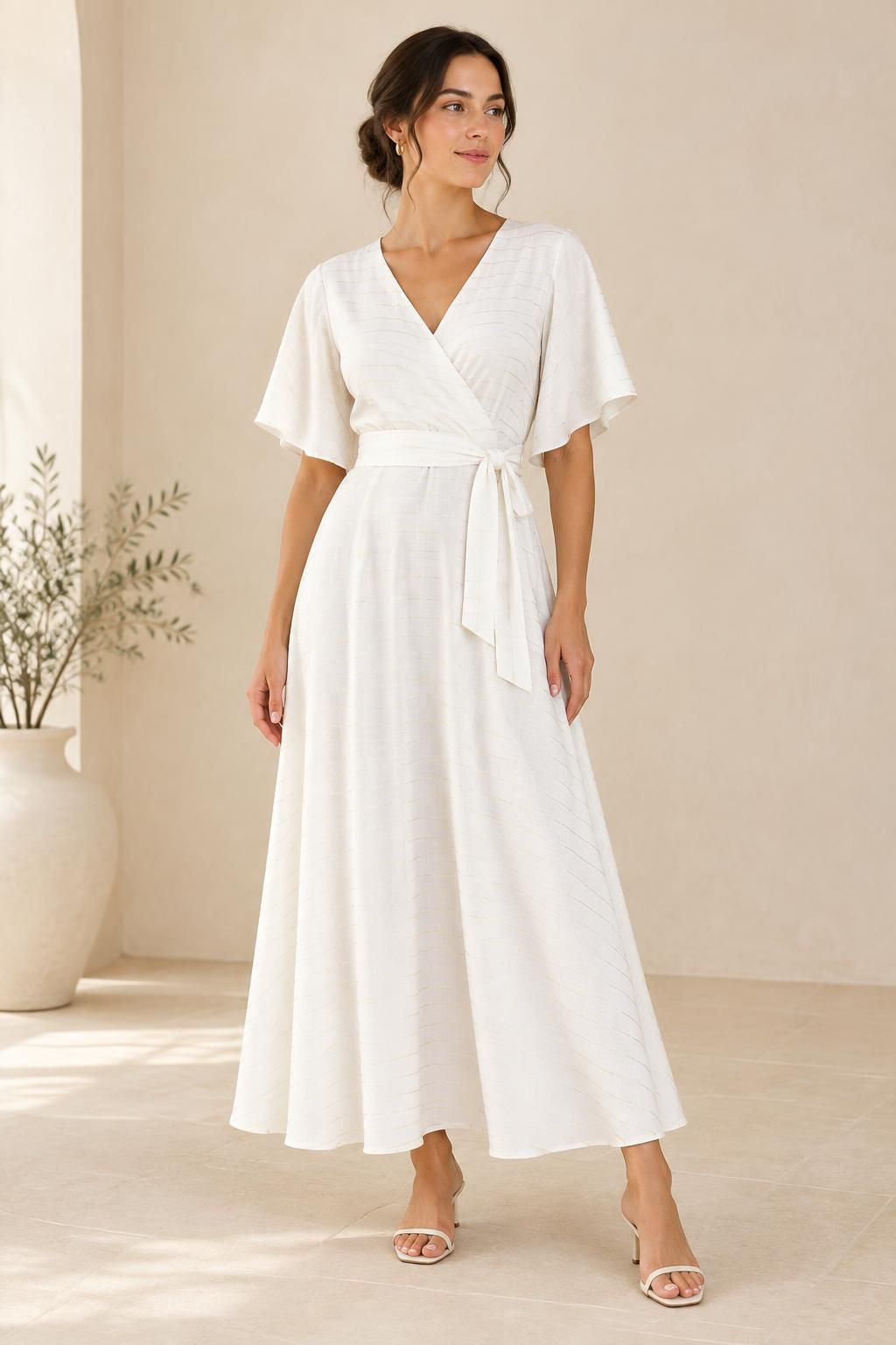 The dress inspiration using DORIA - Gold lurex striped viscose javanaise fabric