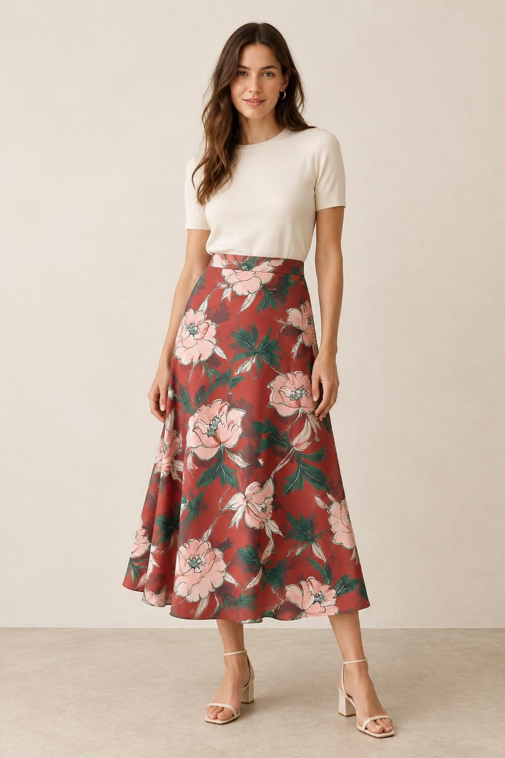 Inspiration La jupe avec le tissu Sergé de polyester effet soie, grandes fleurs roses et feuillage vert