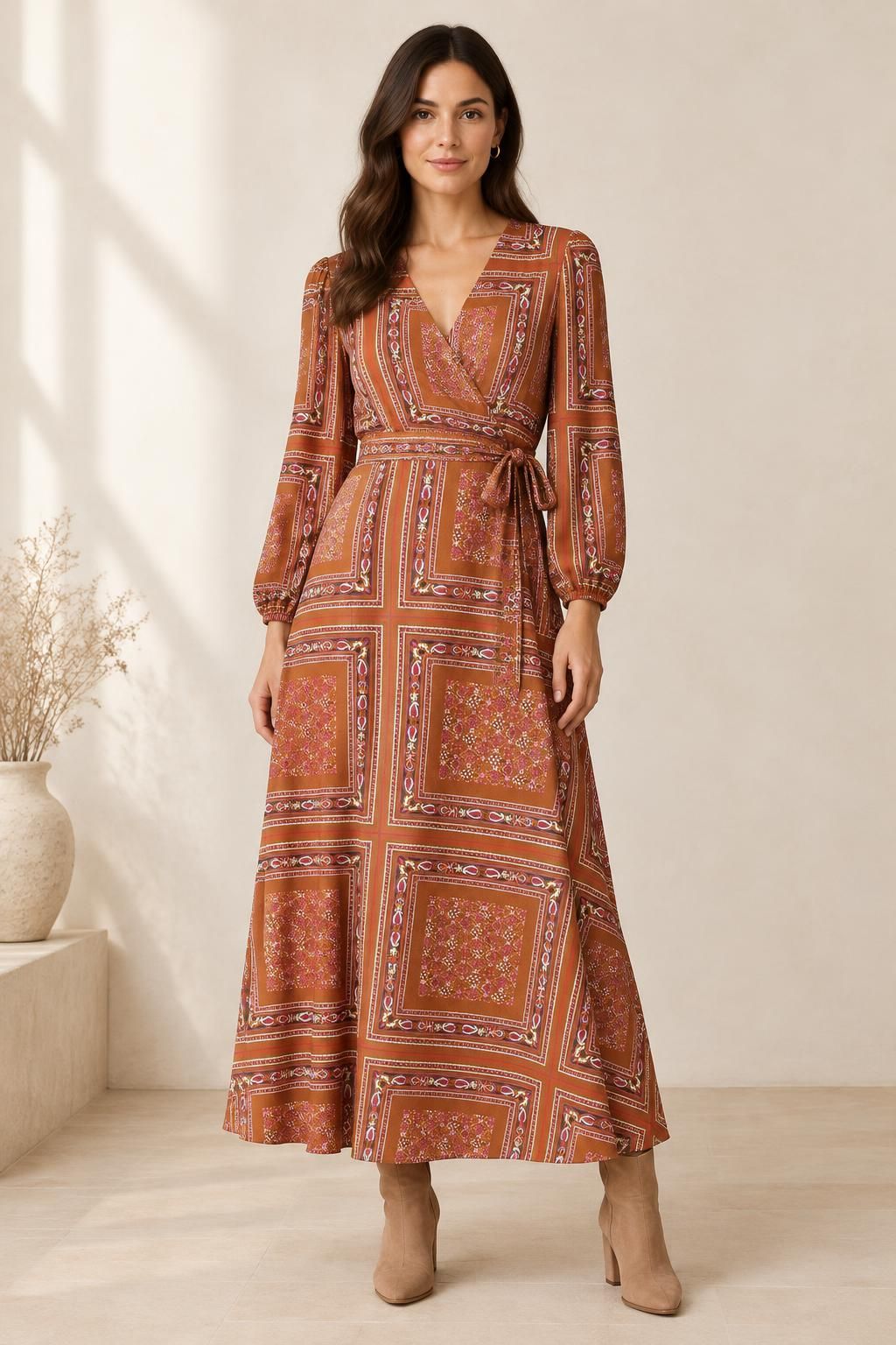 Inspiration Das Kleid mit dem Stoff Strukturierter Viskosekrepp mit geometrischem Paisleymuster in Braun