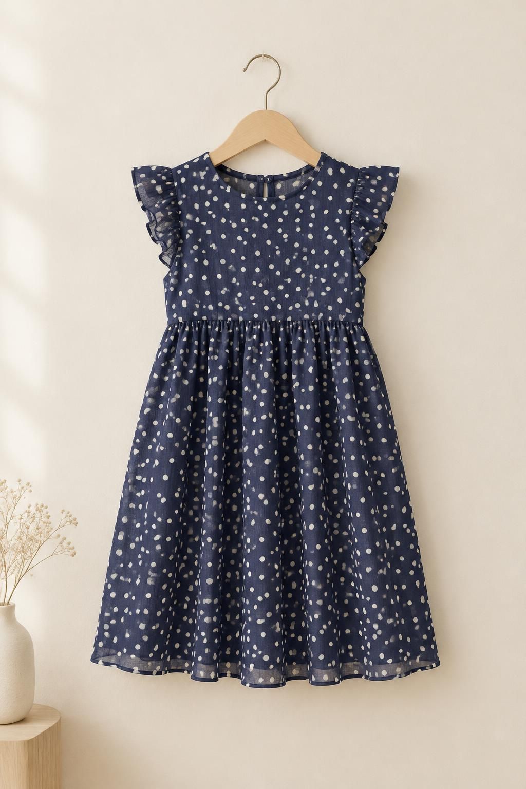 Inspiration Das Kinderkleid mit dem Stoff Blaue gepunktete Viskose-Polyester-Gaze