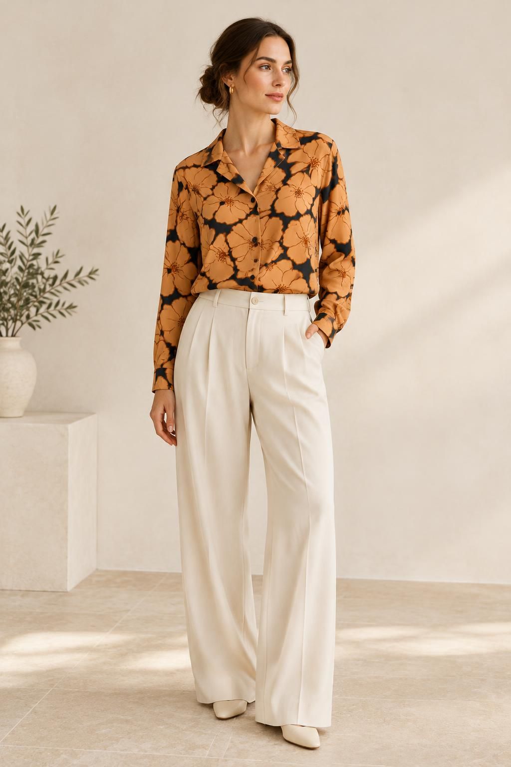 Inspiration La blouse avec le tissu Crêpe de viscose lourd, motif fleuri rétro orange et noir