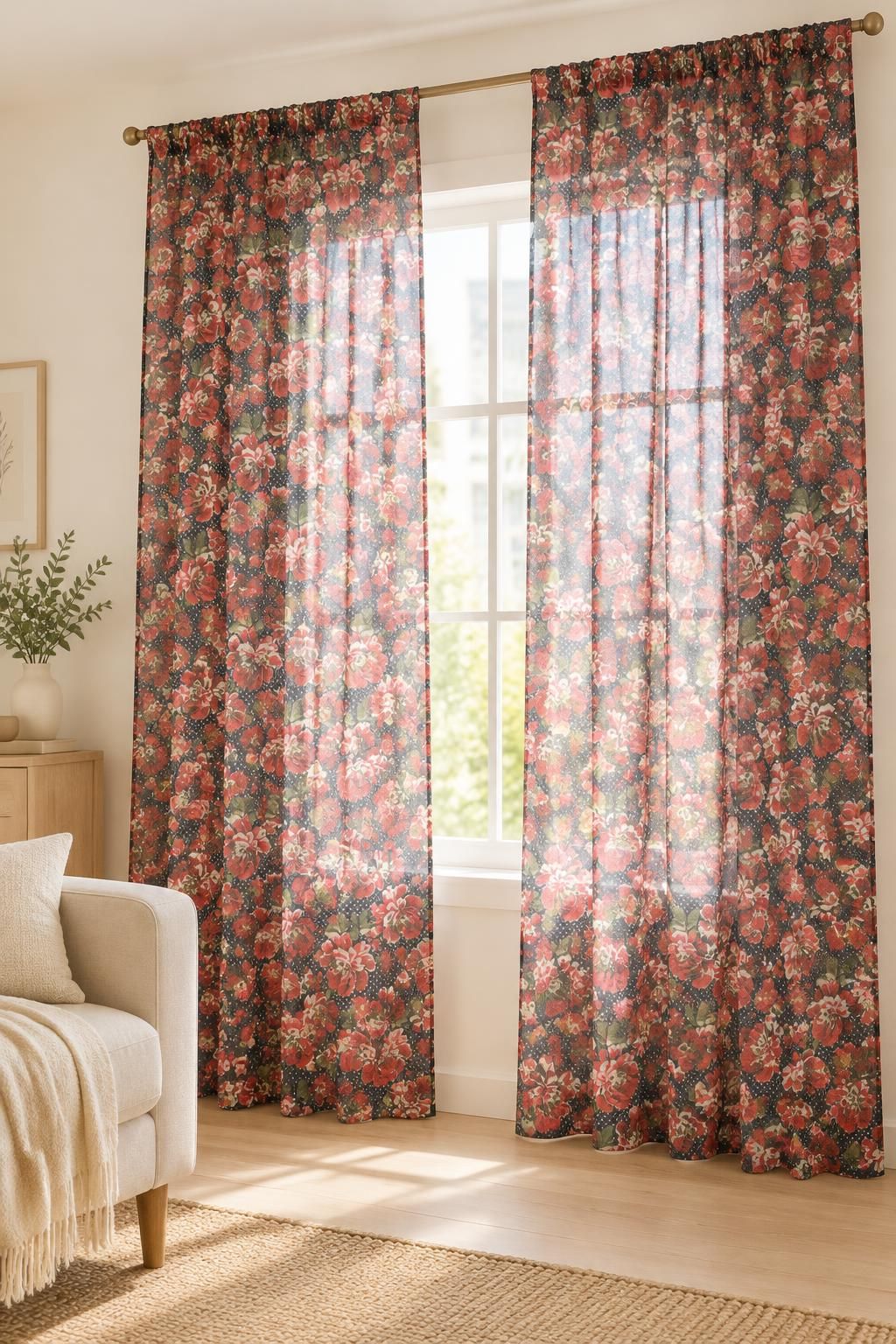 Inspiration Les voilages avec le tissu Voile crêpe de polyester, fleurs rouges et pois blancs