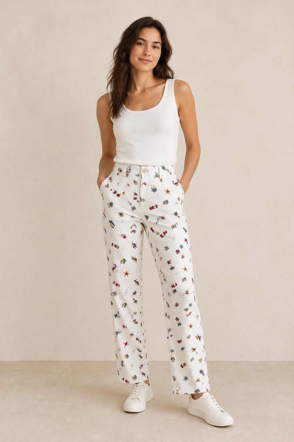 Inspiration Le pantalon avec le tissu Sergé de coton extensible, motif marin tropical multicolore
