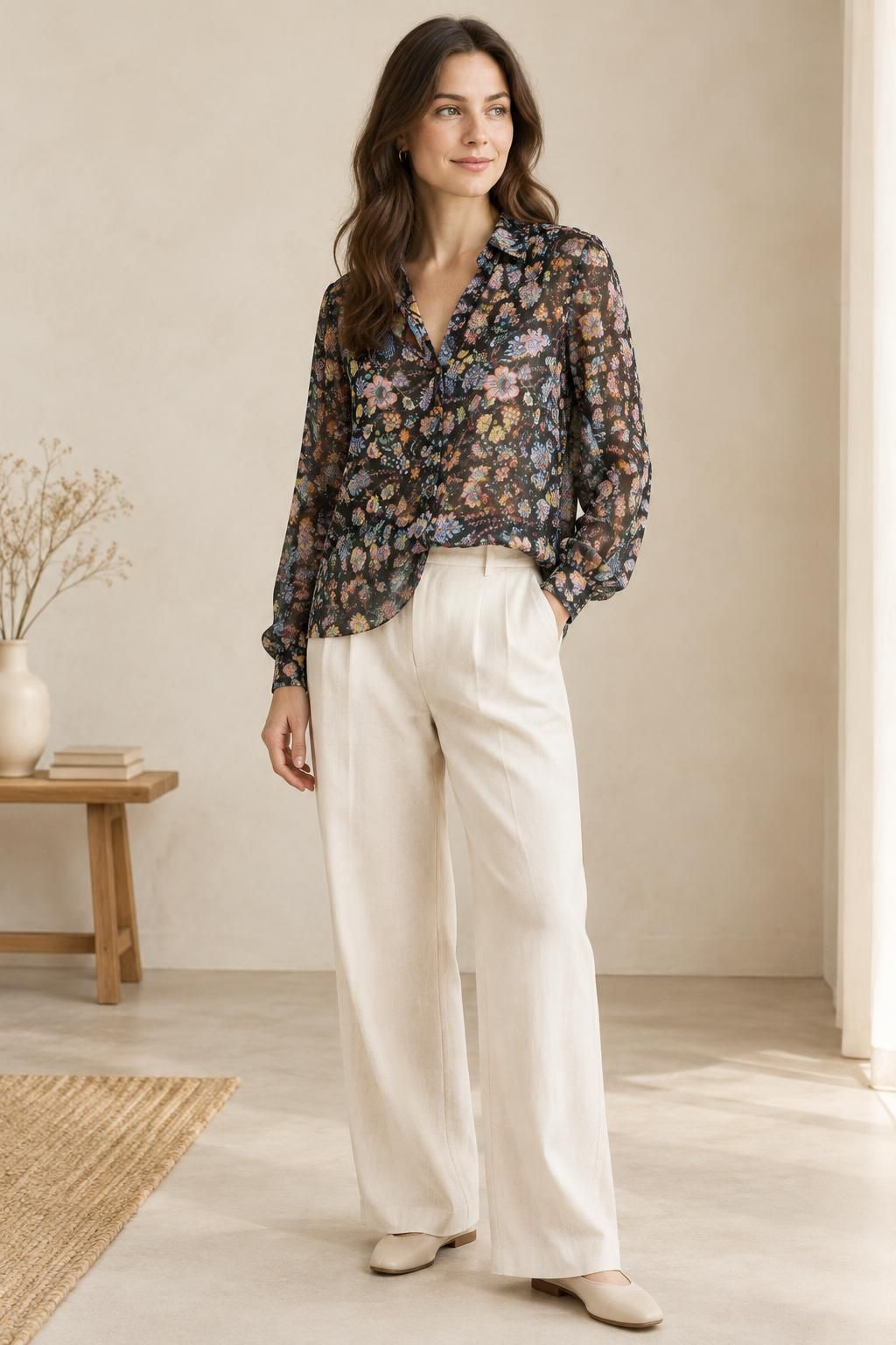 The blouse inspiration using Polyester crêpe voile, multicoloured bohemian floral pattern fabric