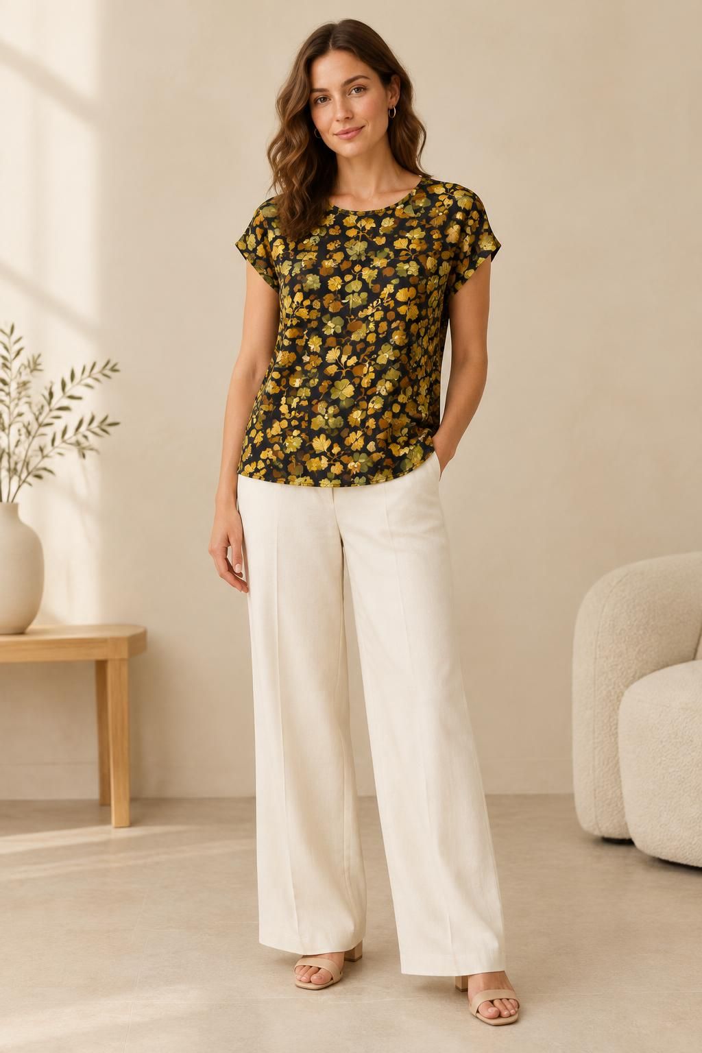 Inspiración Lo más destacado con el tejido Crêpe de viscose pesado, estampado floral retro multicolor
